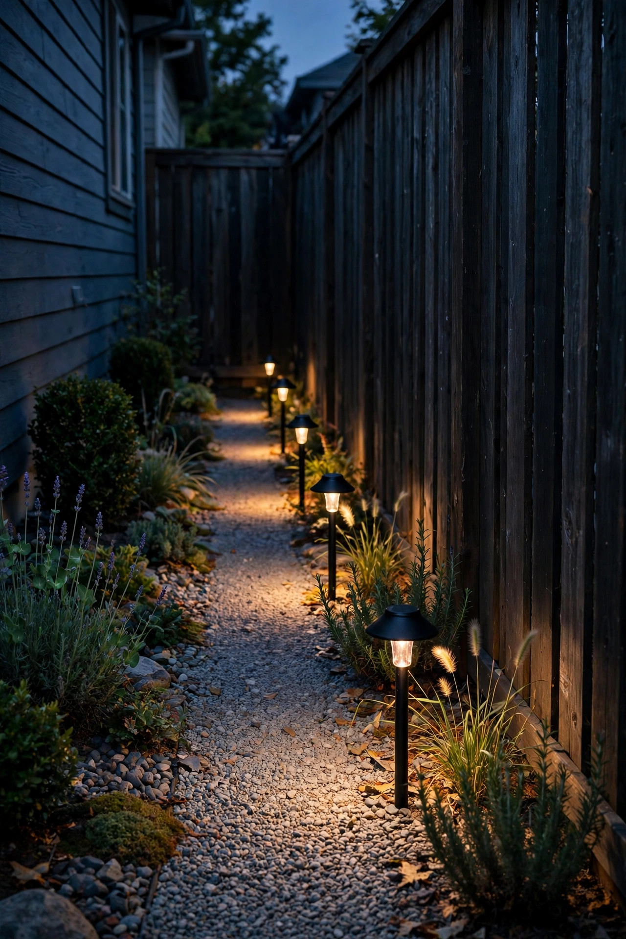 Black path light fixtures blending into a shadowed fence line in a tidy side yard