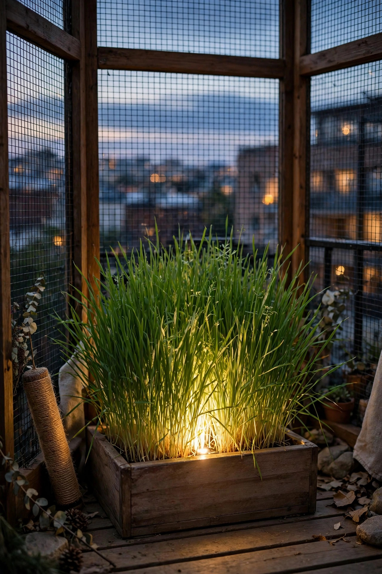 Small uplight glowing through a lush cat grass planter inside a balcony catio at dusk