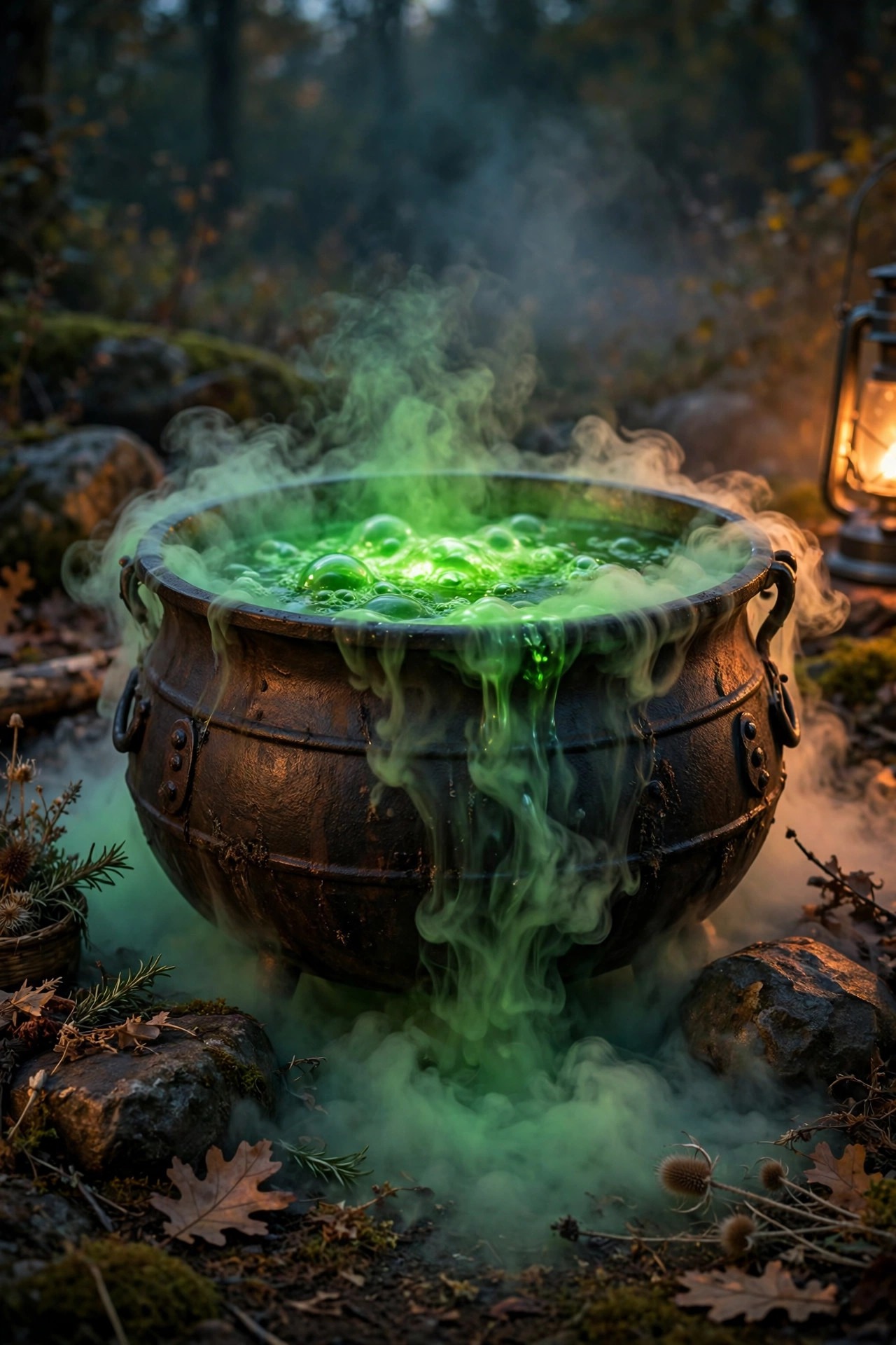Witch cauldron bubbling with green light and fog spilling over the rim