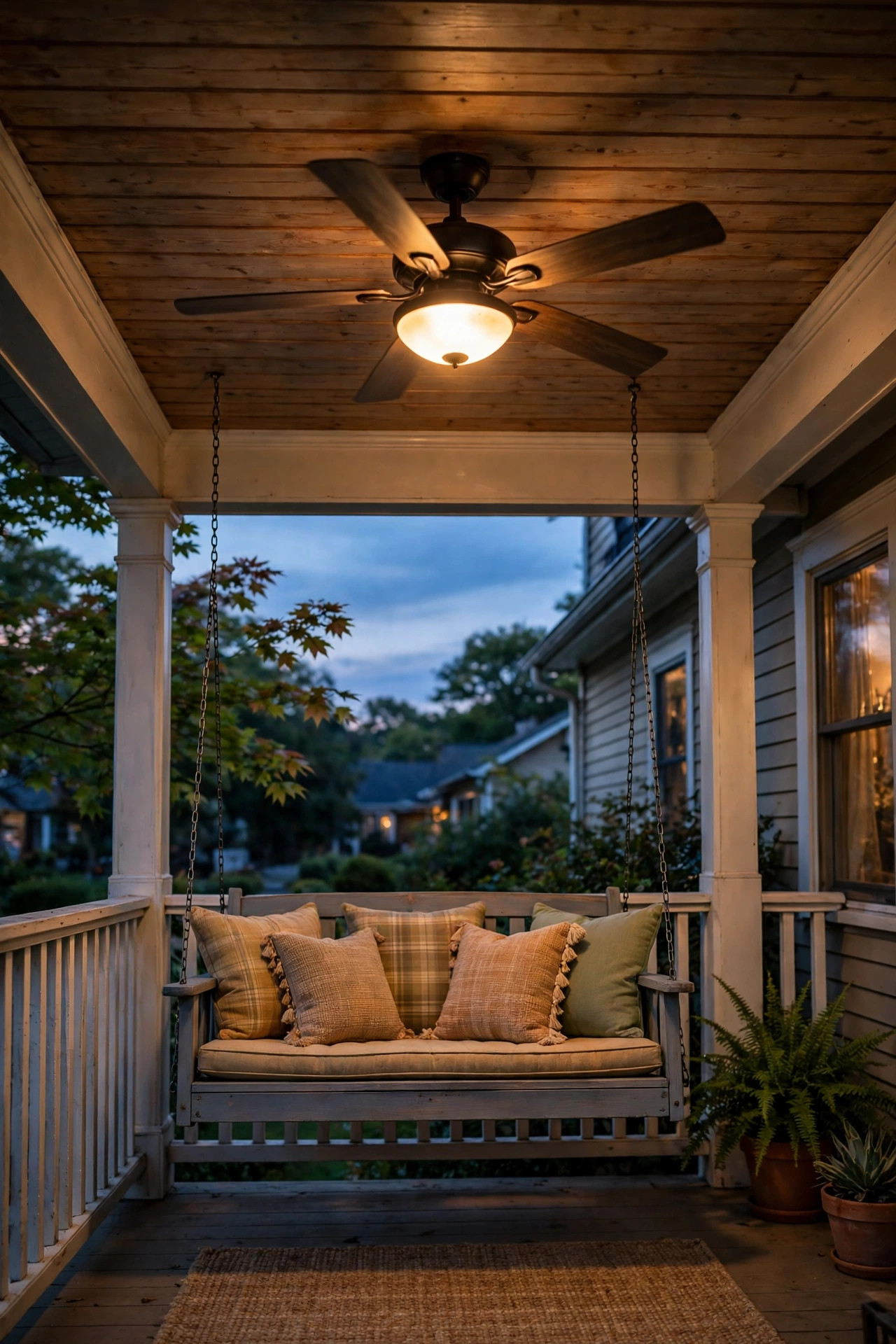 Porch ceiling fan with warm dimmable light glowing softly above a porch swing in the evening