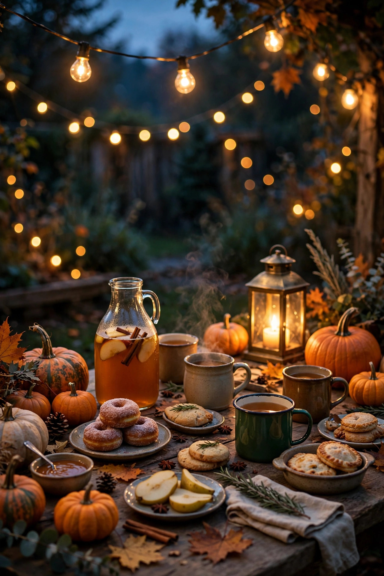 Lantern lit outdoor cider and dessert station table with mugs pumpkins and warm string lights at dusk