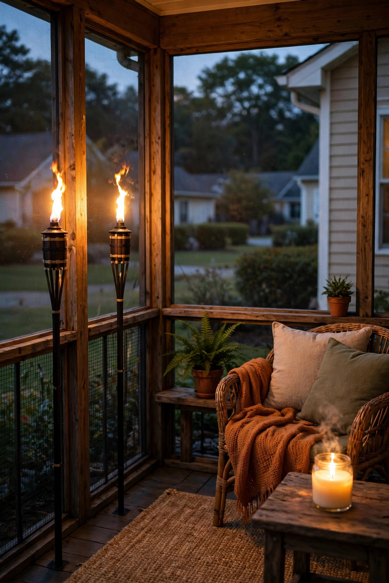Flickering flame-effect torch lights and a citronella candle glowing in a screened porch corner