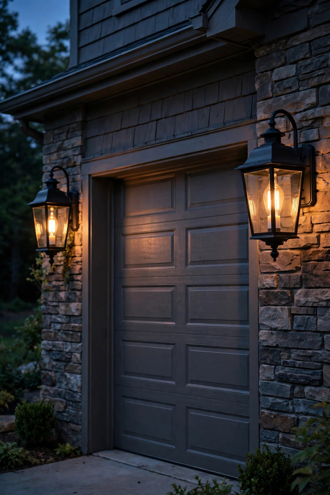 Pair of coach lanterns with candle-shaped vintage filament bulbs flanking a garage door at dusk
