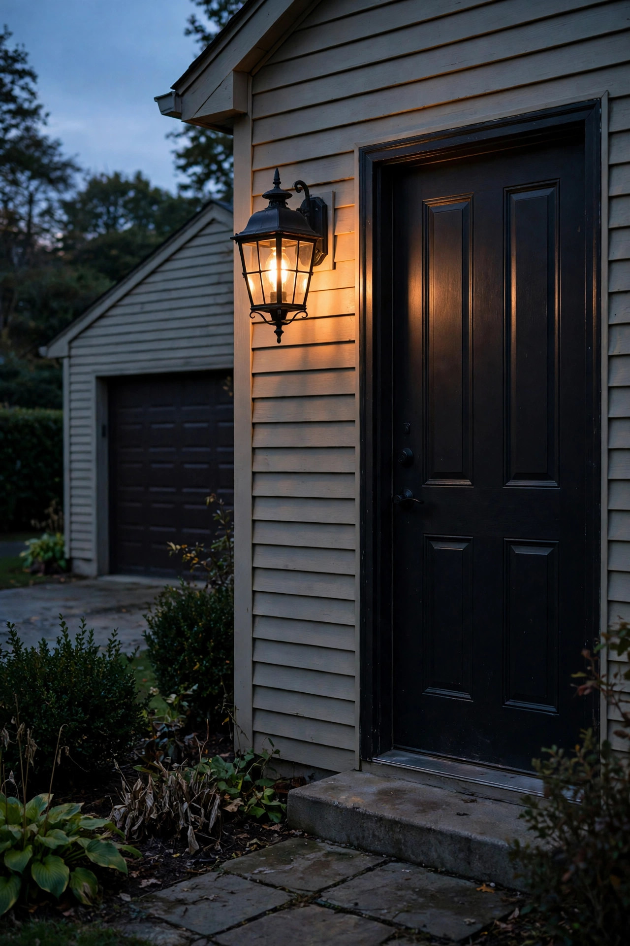 Traditional coach light glowing warmly beside the pedestrian door of a detached garage in early evening