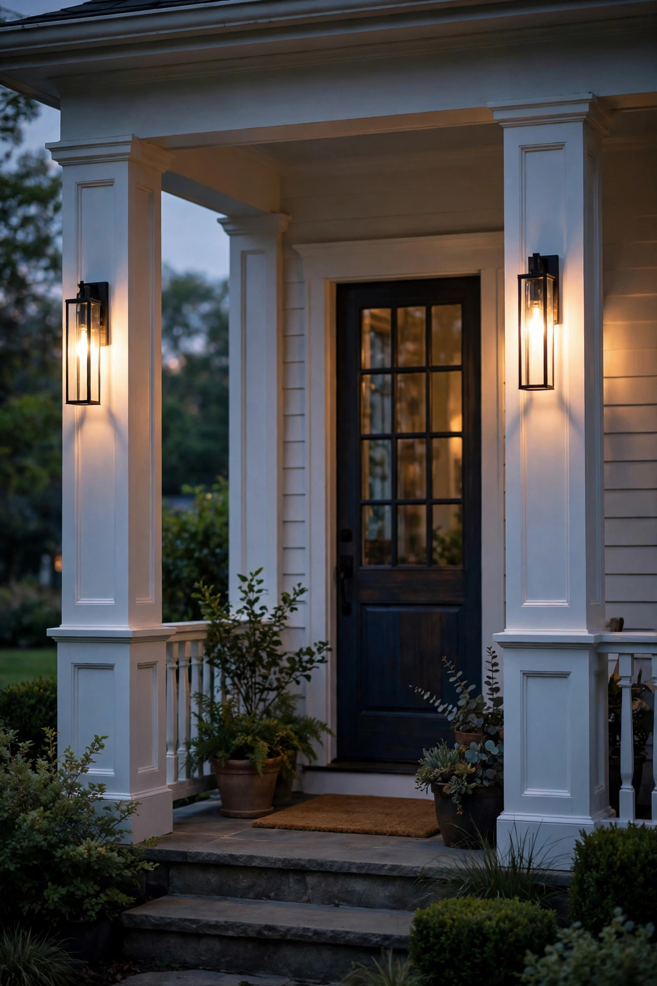 Slim coach lanterns mounted on white porch columns framing a welcoming front porch at dusk