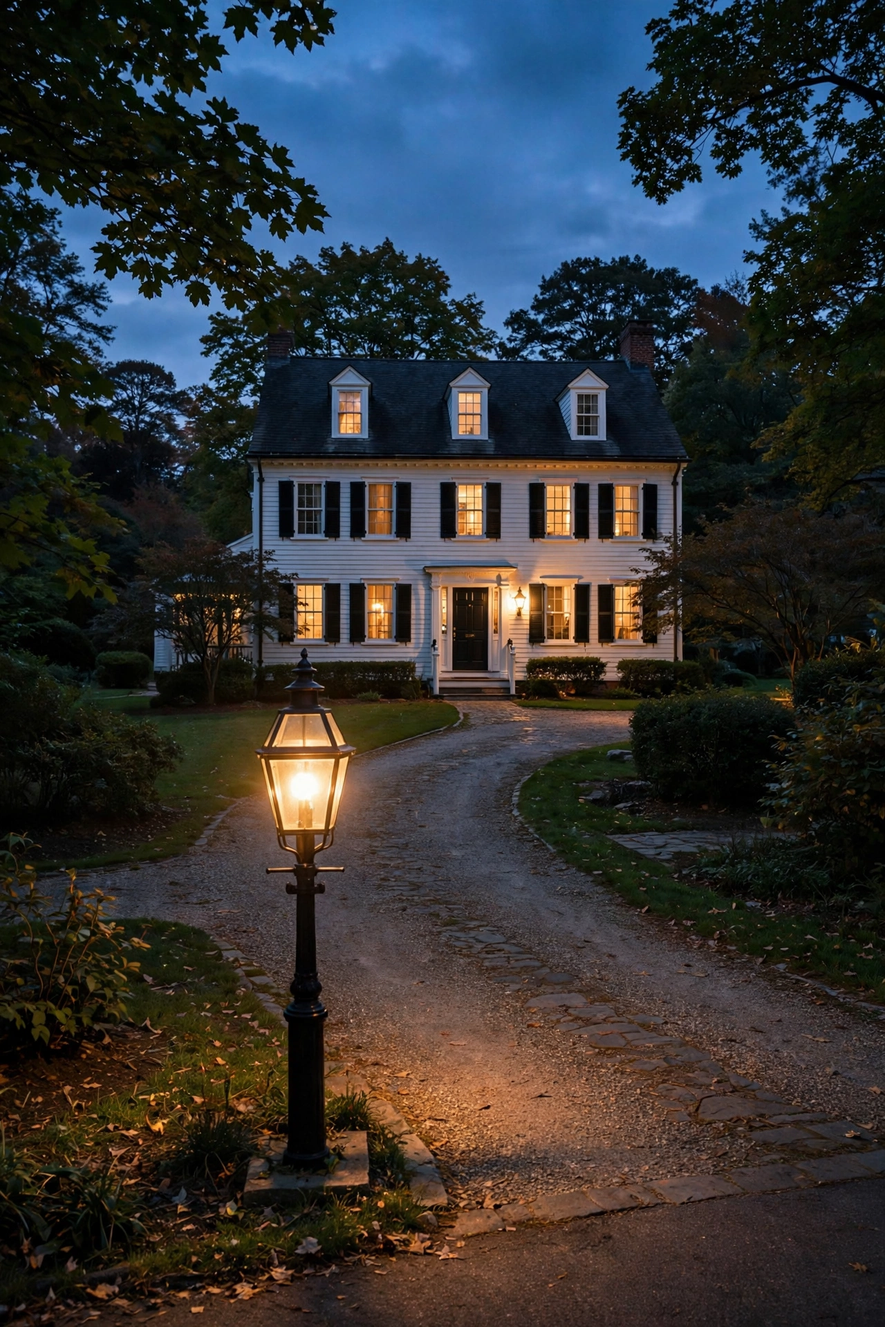 Classic black colonial lamppost glowing at the end of a driveway at dusk