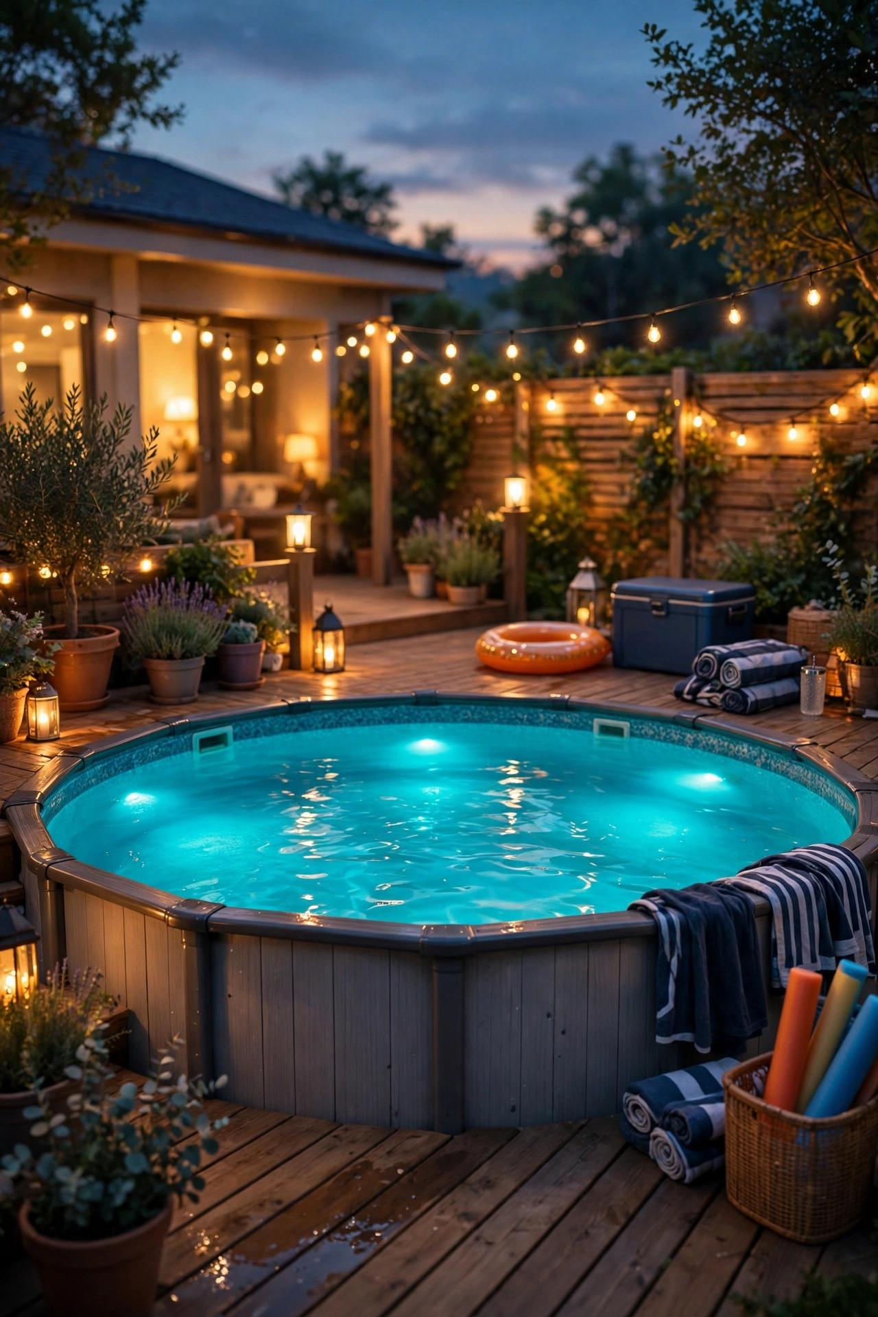Above-ground pool glowing turquoise from color-changing smart lights during an evening swim party