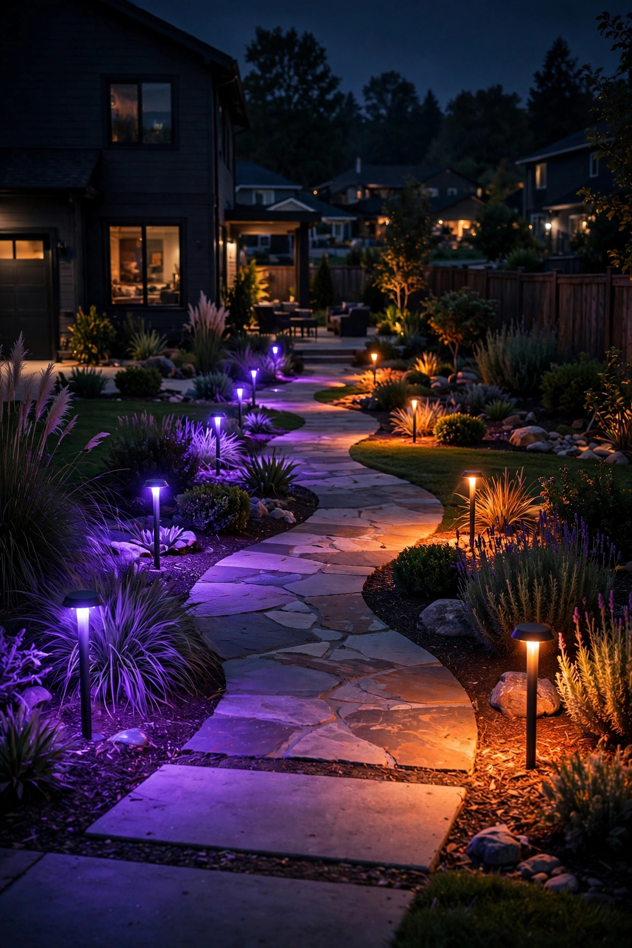 Color-changing smart path lights glowing purple and orange along a walkway