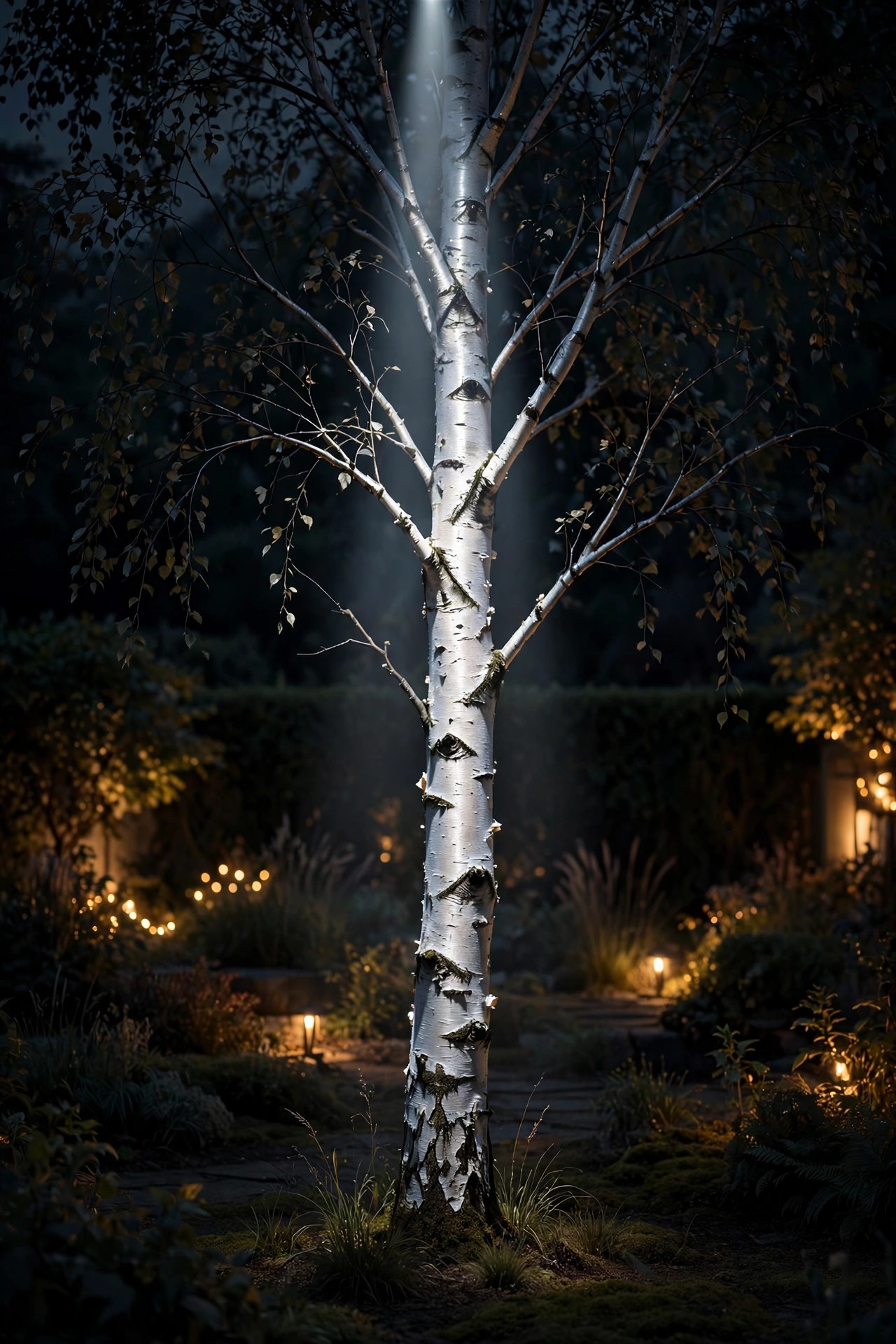 Silver birch tree lit by a neutral white narrow beam spotlight, pale bark glowing against a dark garden at night
