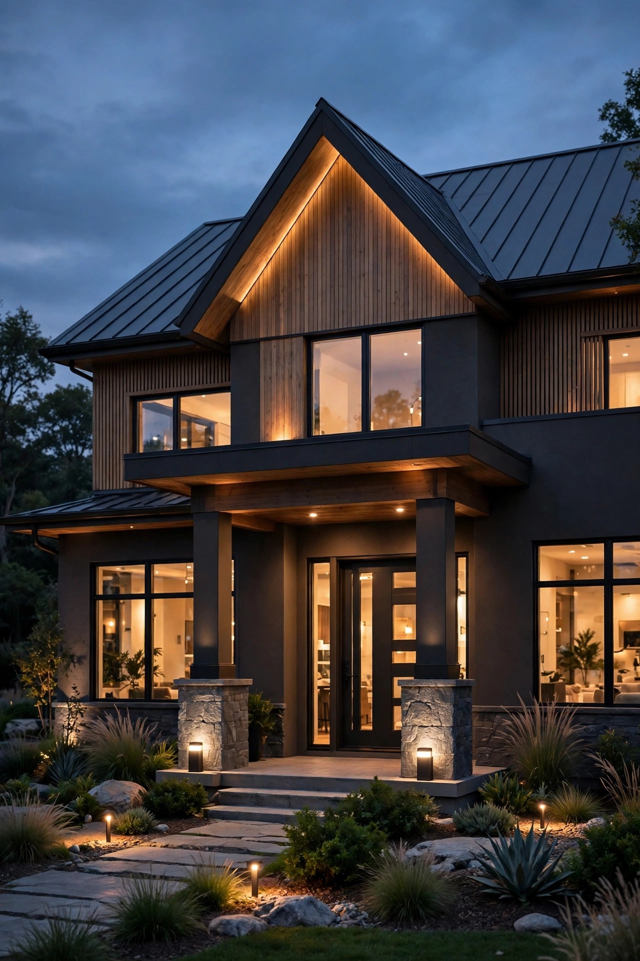 Modern home facade at dusk with compact uplights at the base of porch columns and a softly lit gable peak
