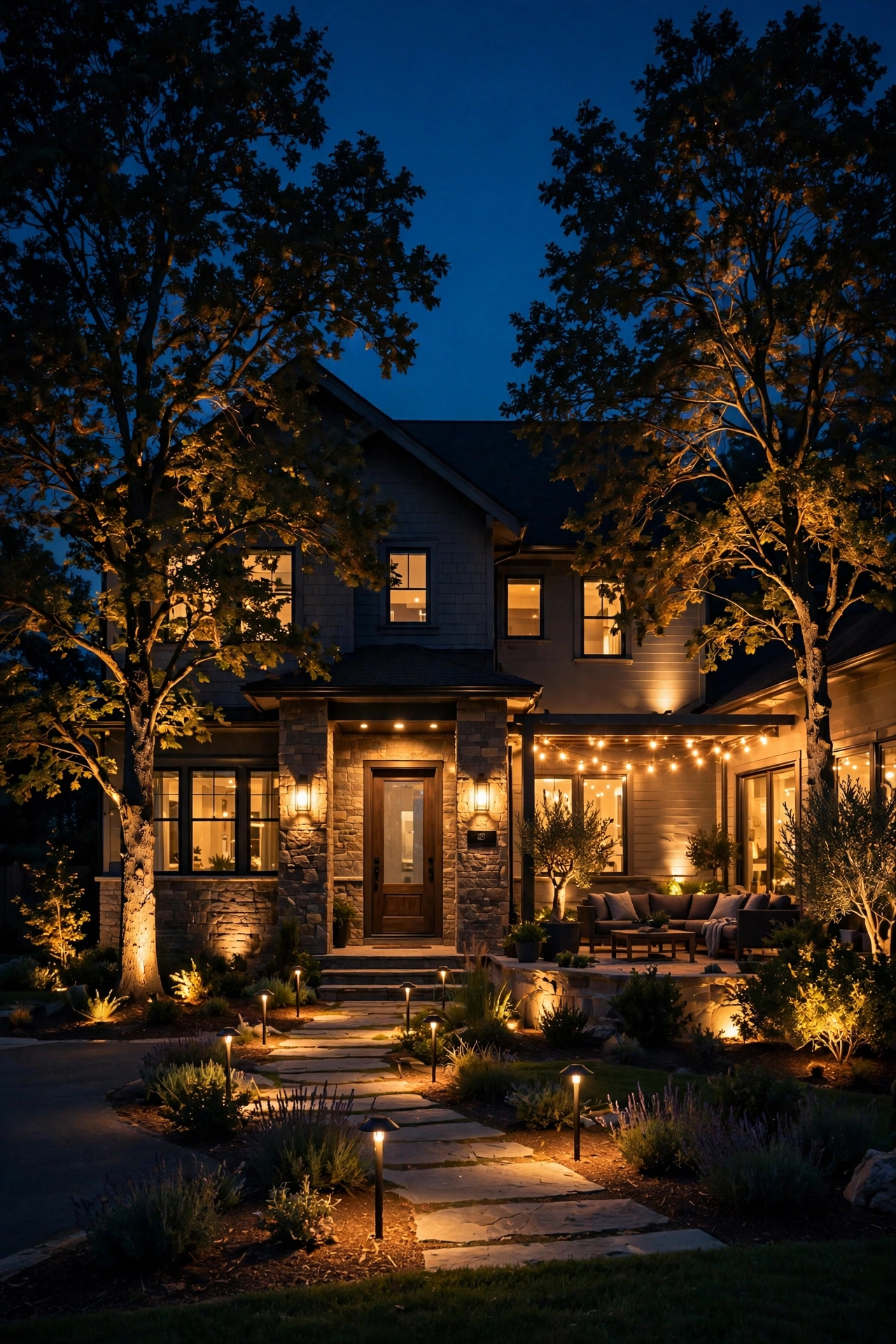 Warmly lit suburban home at night showcasing completed smart outdoor lighting with glowing path and porch