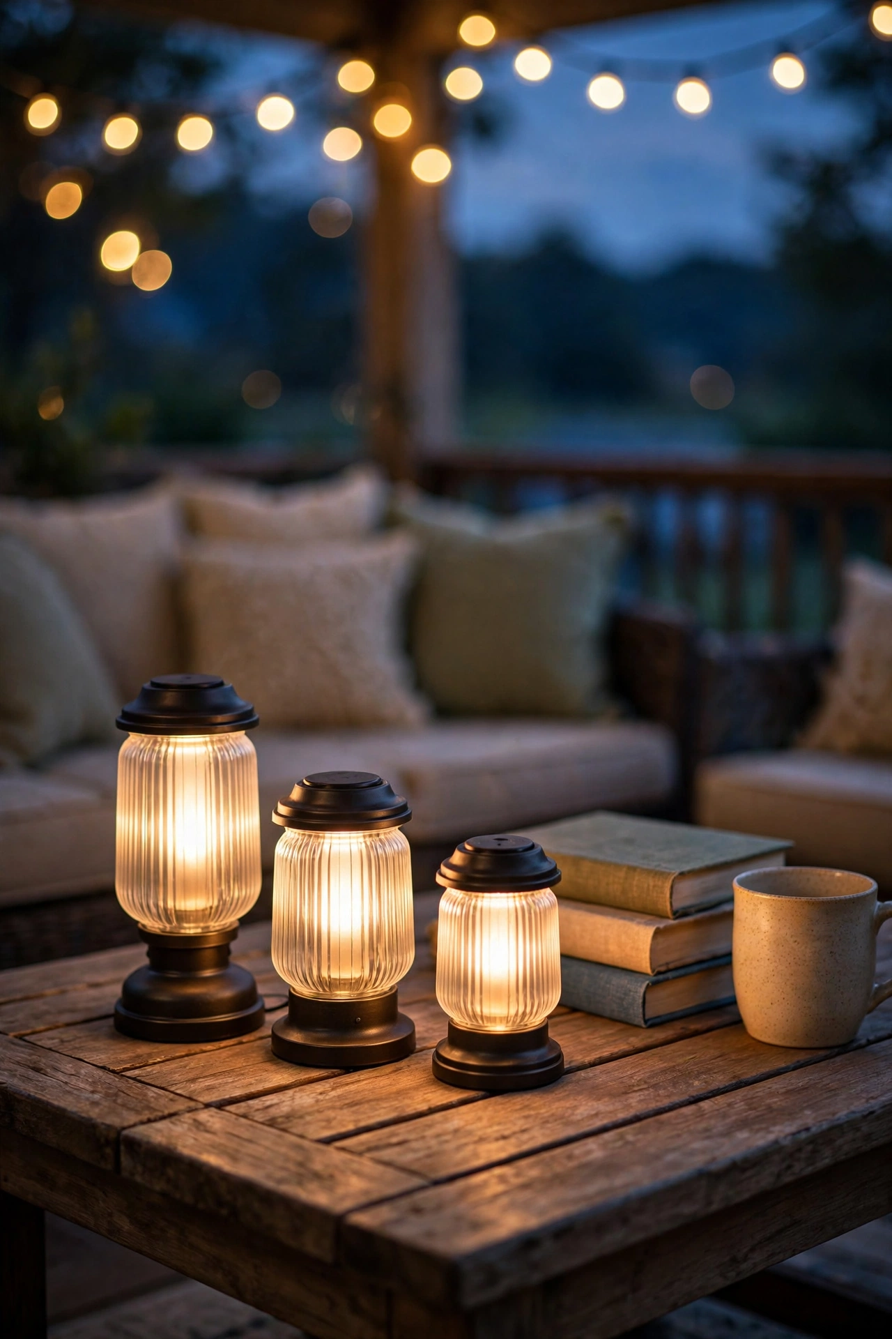 Cordless rechargeable table lanterns glowing on a back porch coffee table at dusk