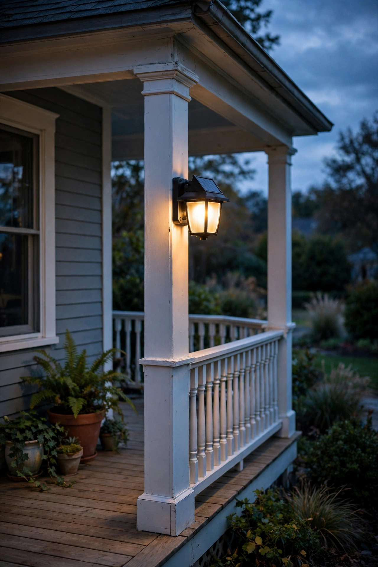 Corner-mount solar sconce glowing on the corner column of a wraparound porch at dusk