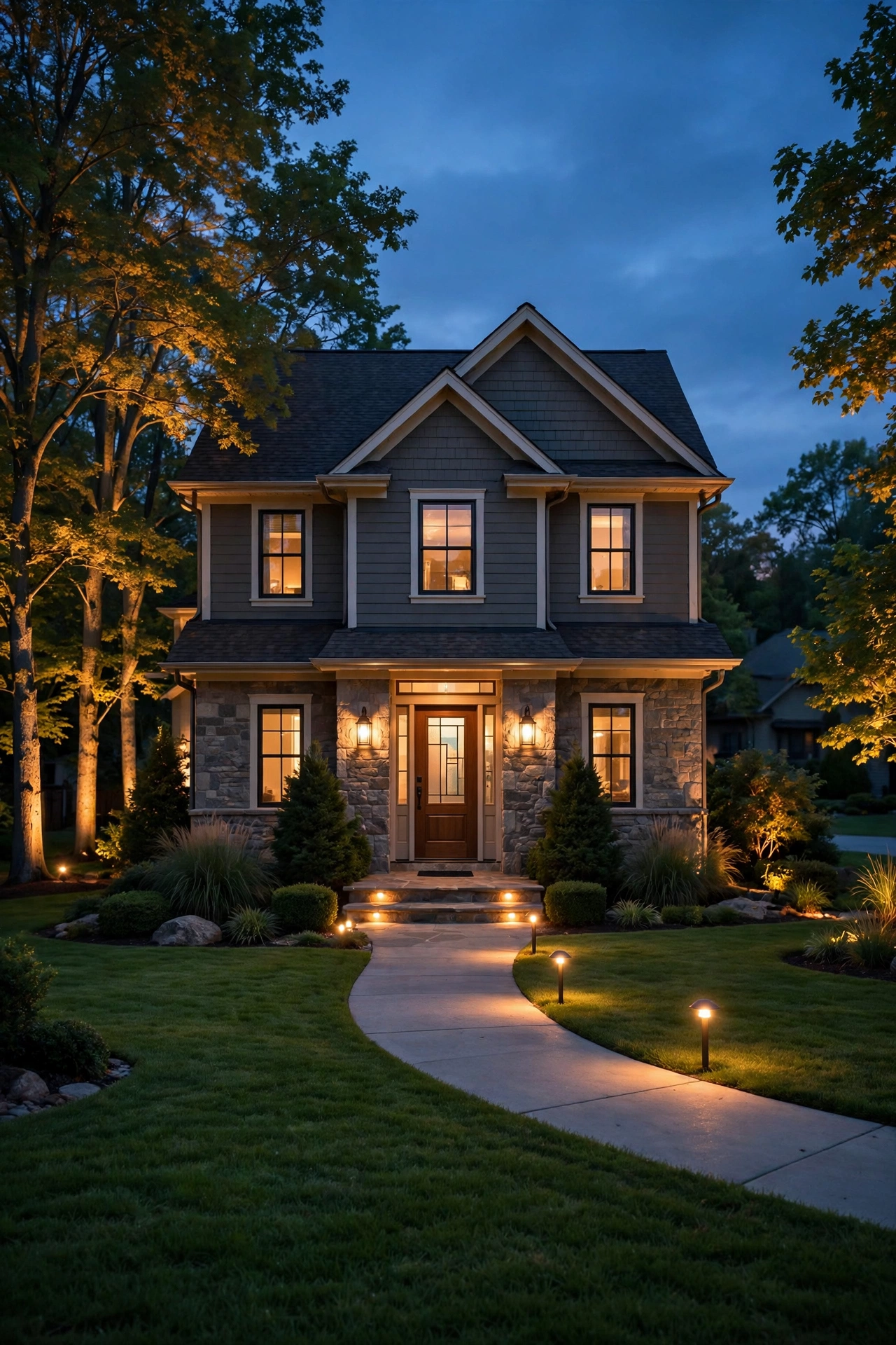 Stunning suburban home at dusk with perfectly layered warm landscape lighting showcasing excellent curb appeal