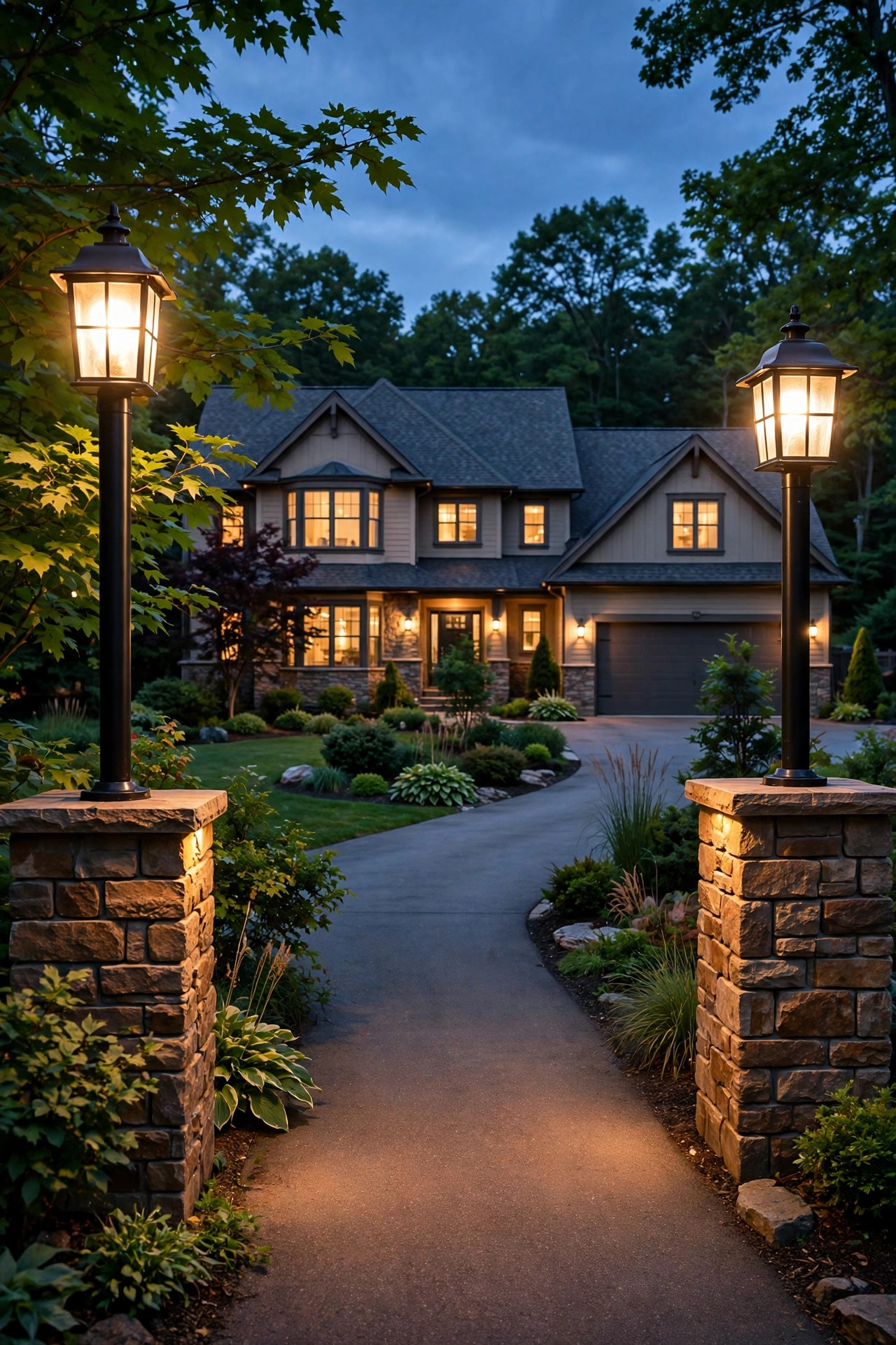Two tall post lights flanking a driveway entrance at dusk giving a suburban home strong nighttime curb appeal