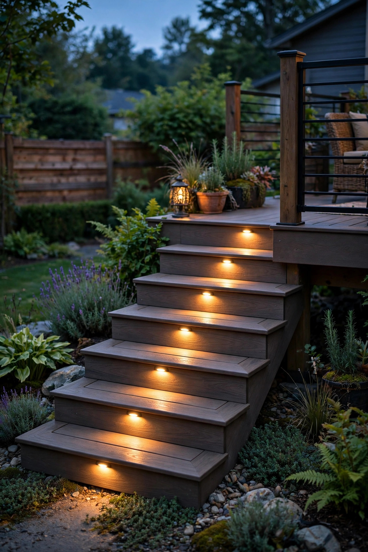 Recessed lights in the composite risers of deck stairs glowing warmly beside a backyard deck at dusk