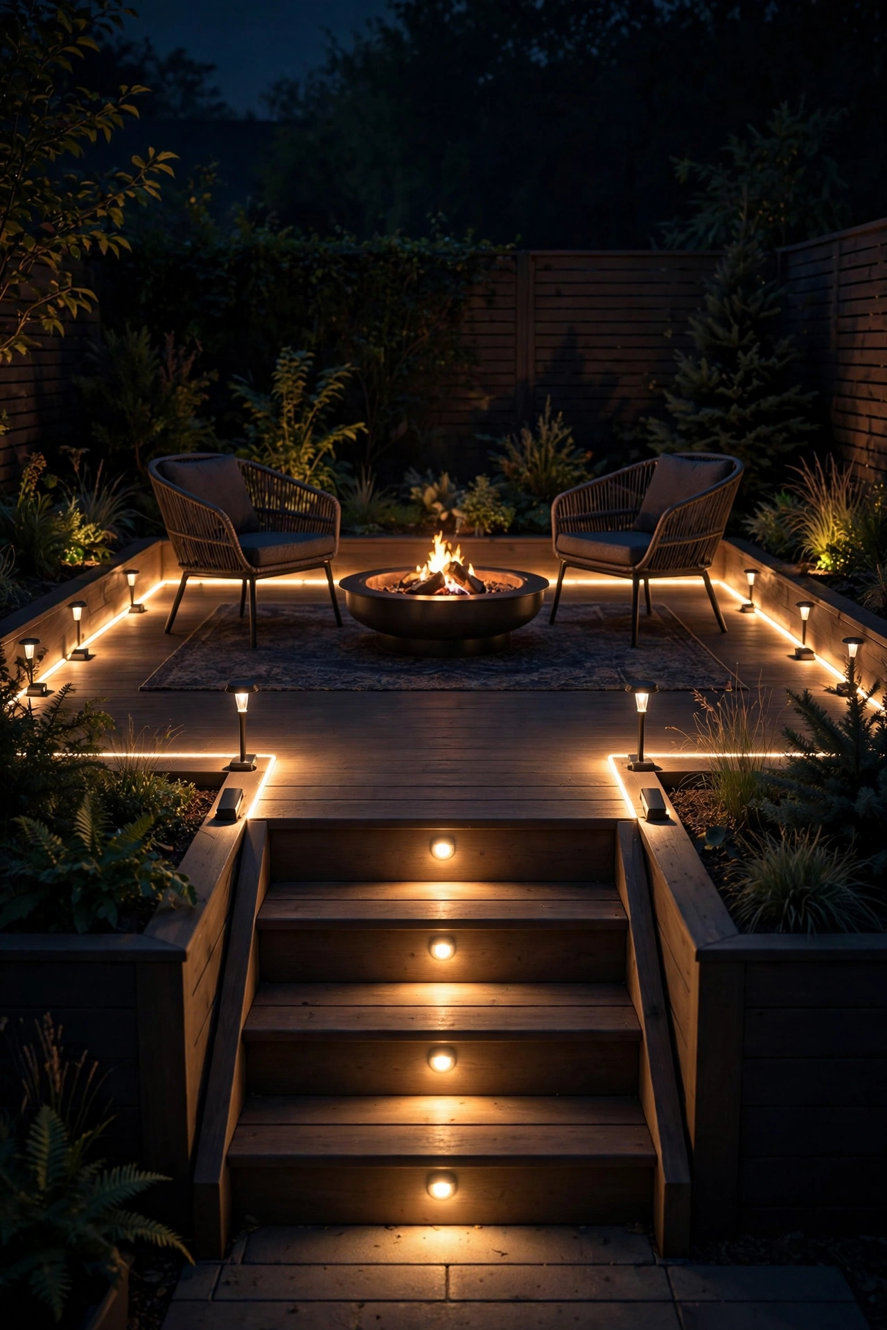 Low deck and step lights tracing the edge of a small patio seating area at night