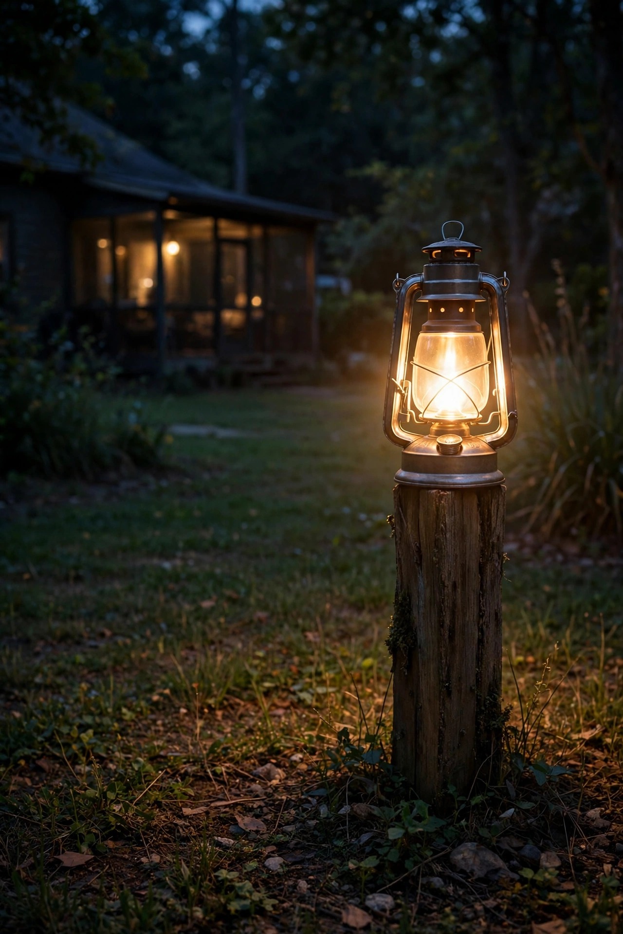 Single bright lantern on a post glowing in the yard well away from a dimly lit screened porch at night