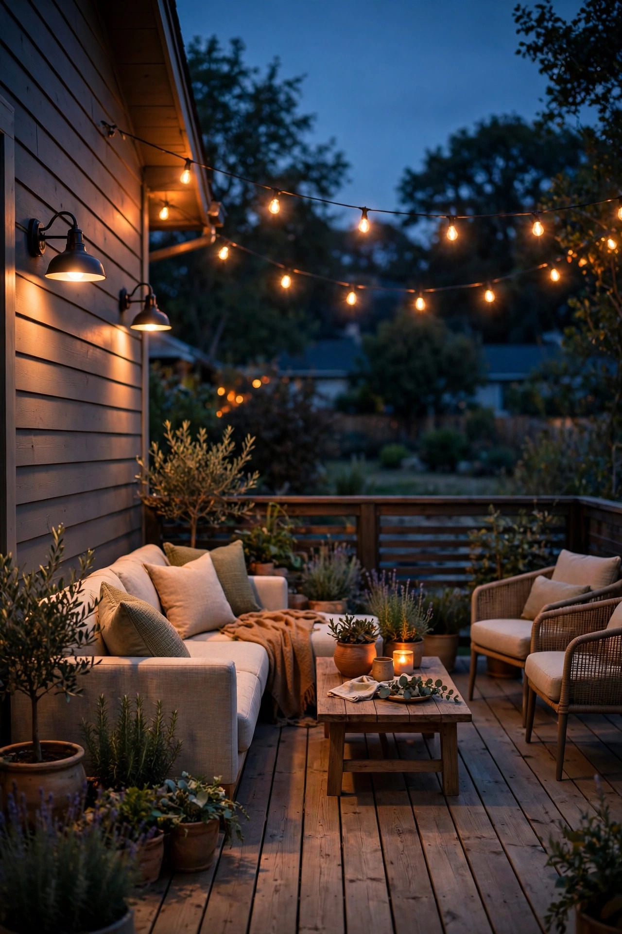 Backyard deck at dusk with warm dimmable sconces and string lights at a low cozy level, patio furniture in soft glow