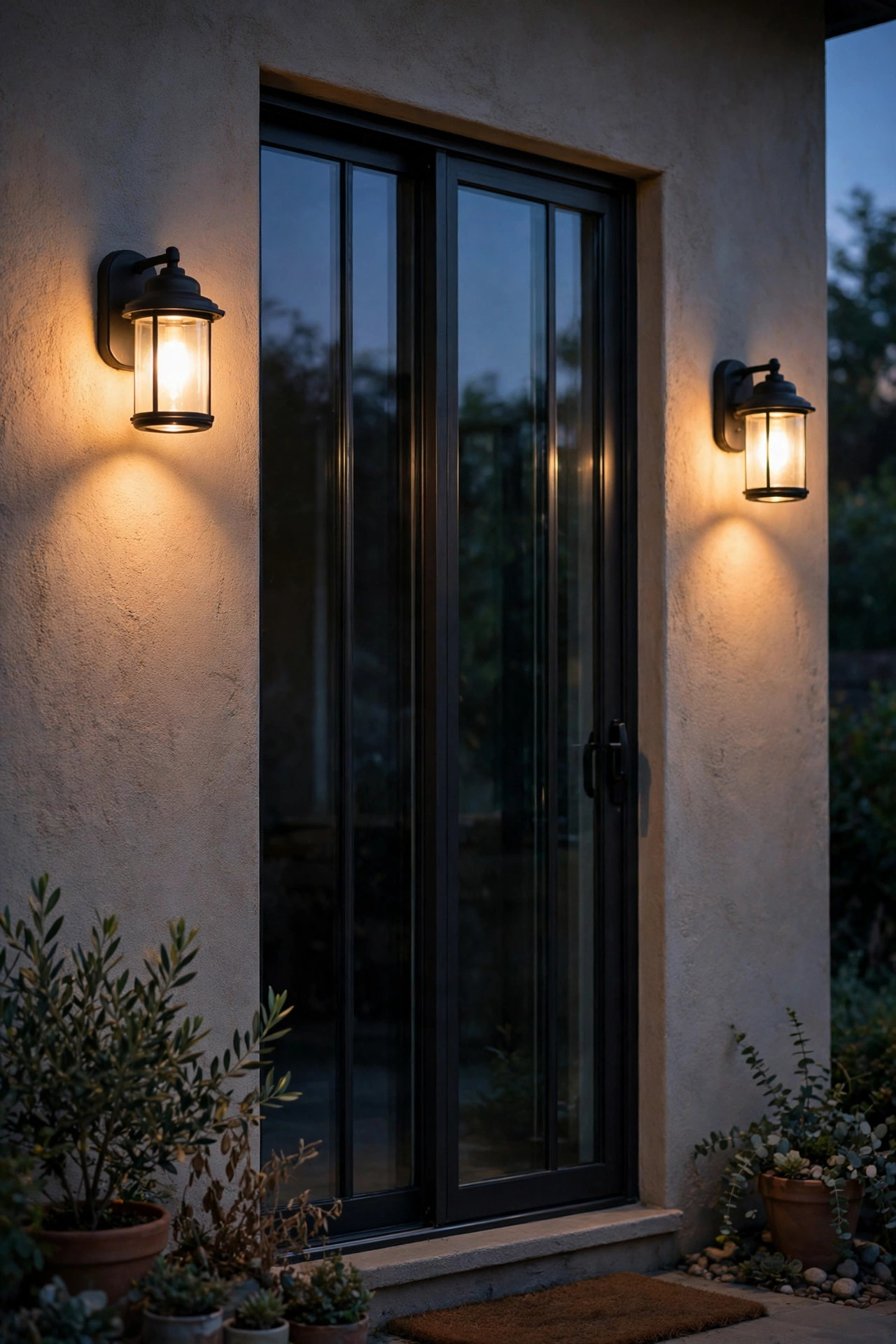 Pair of warm dimmable wall sconces glowing softly beside a patio door at dusk, washing the wall in gentle light