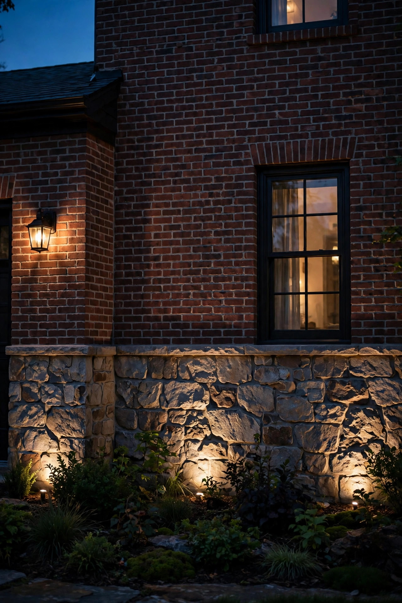 Brick home exterior softly washed with dimmed uplight grazing across the stone texture at night