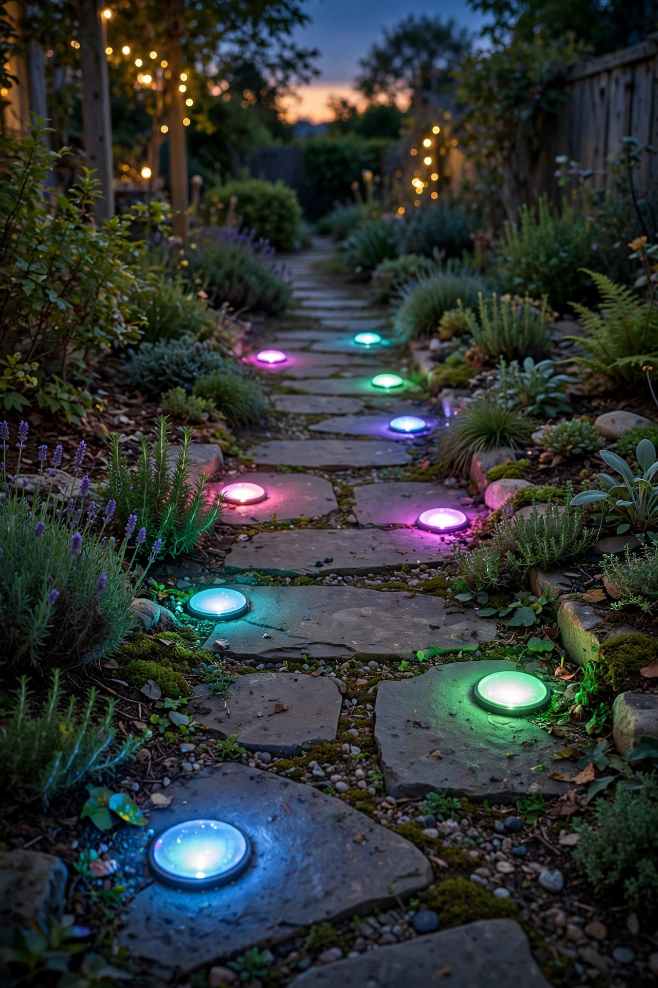 Color changing solar disk lights set flush in the ground along a garden path at night