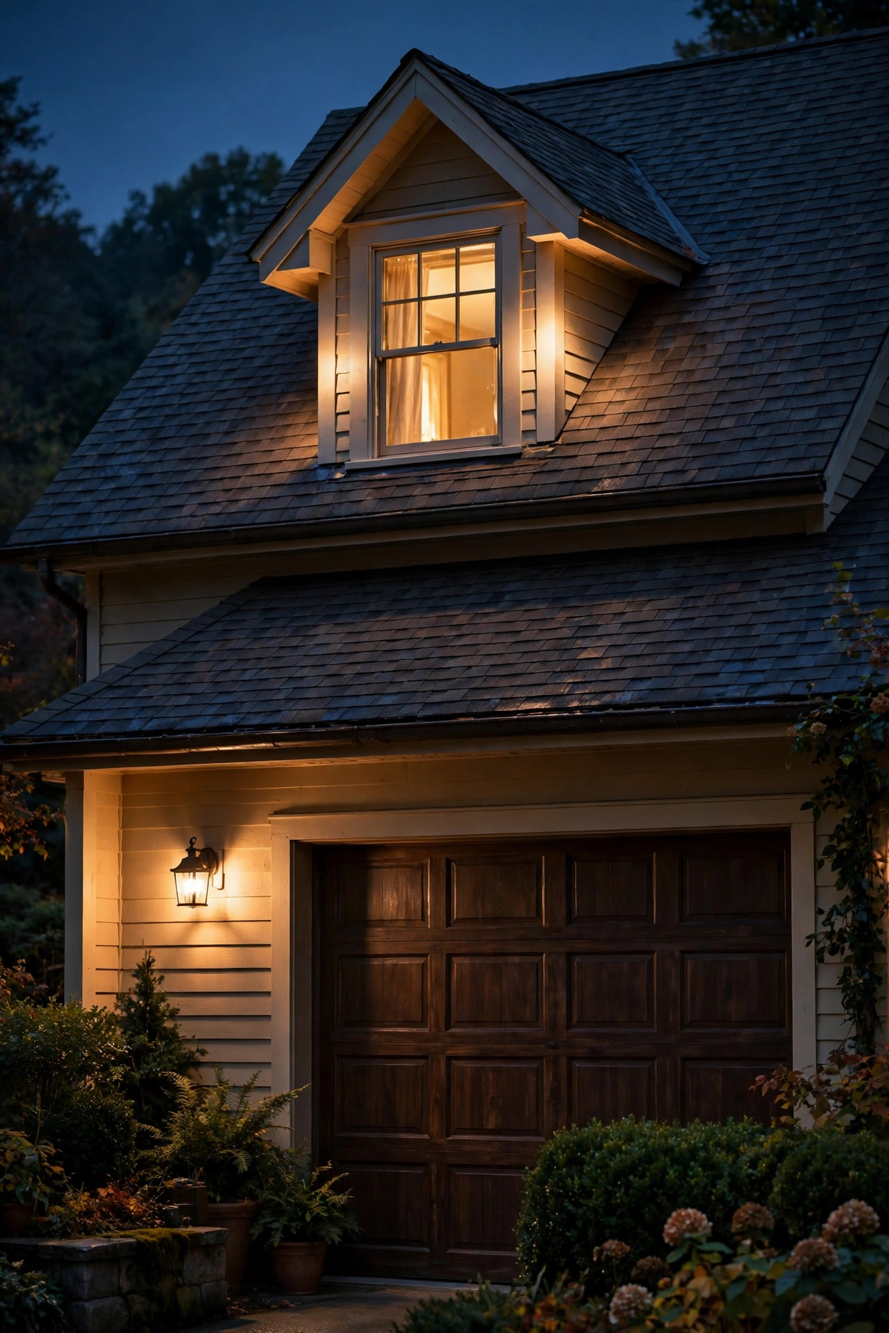 Dormer window glowing warmly from inside above a garage roof on a cozy home at night