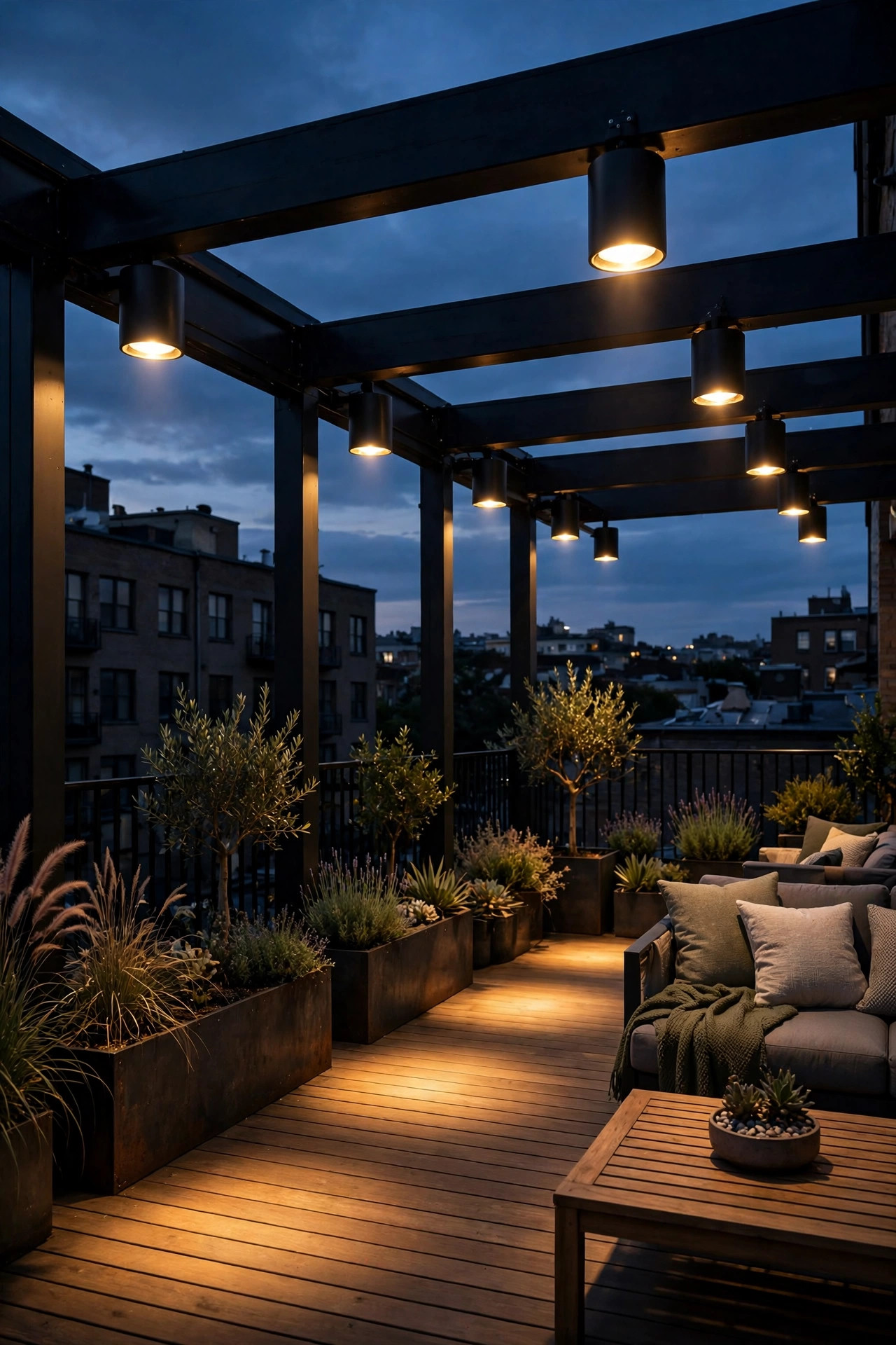 Shielded downward facing lights on a rooftop deck at dusk keeping warm light on the deck and off neighboring windows