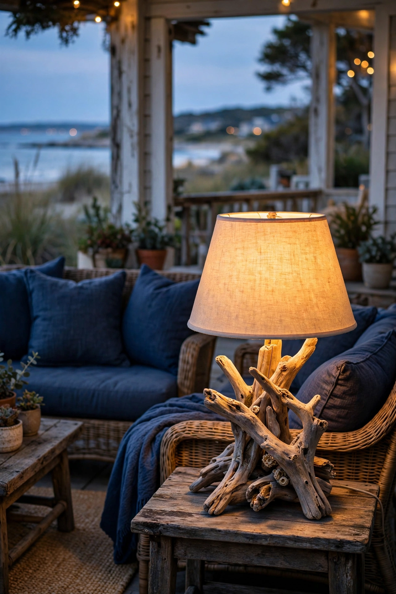 Driftwood-style outdoor table lamp glowing on a coastal patio side table at dusk