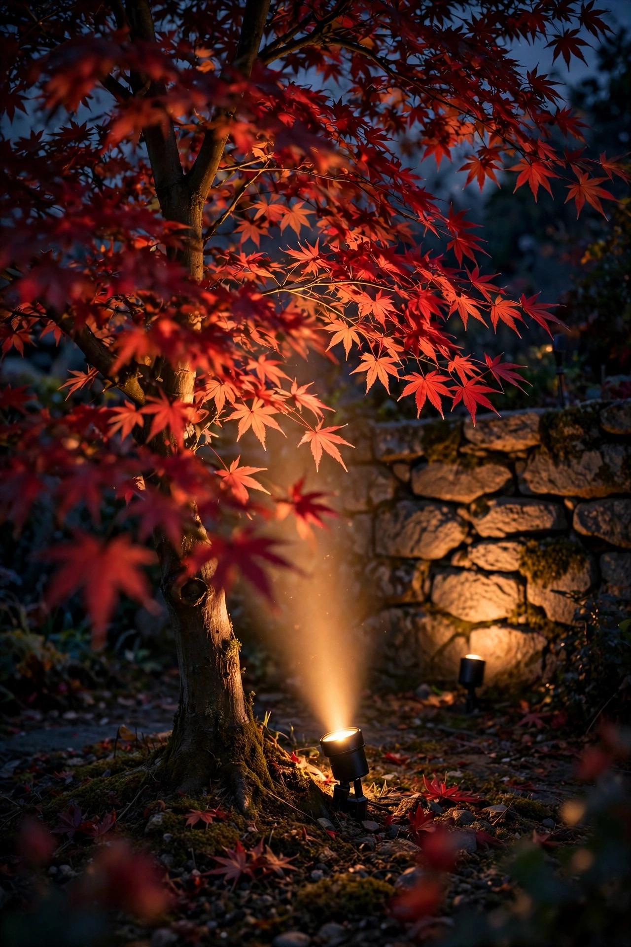 Photorealistic deep dusk view of a garden spotlight being fine-tuned at the base of a Japanese maple, warm beam raking through red foliage, second fixture softly lighting a stone wall behind