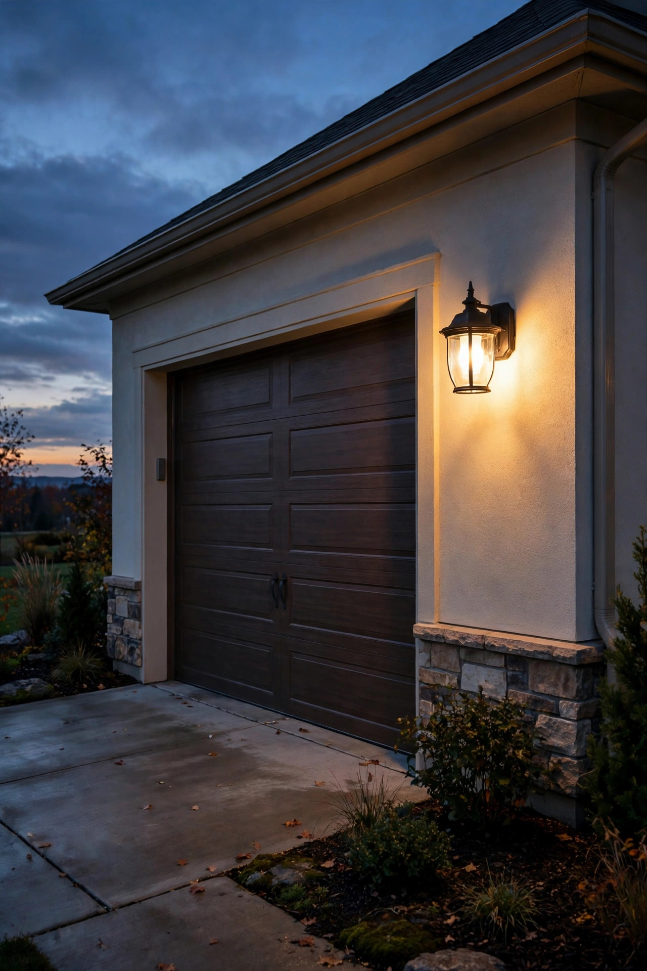 Dusk-to-dawn photocell wall fixture glowing warm beside a garage as twilight settles over the apron