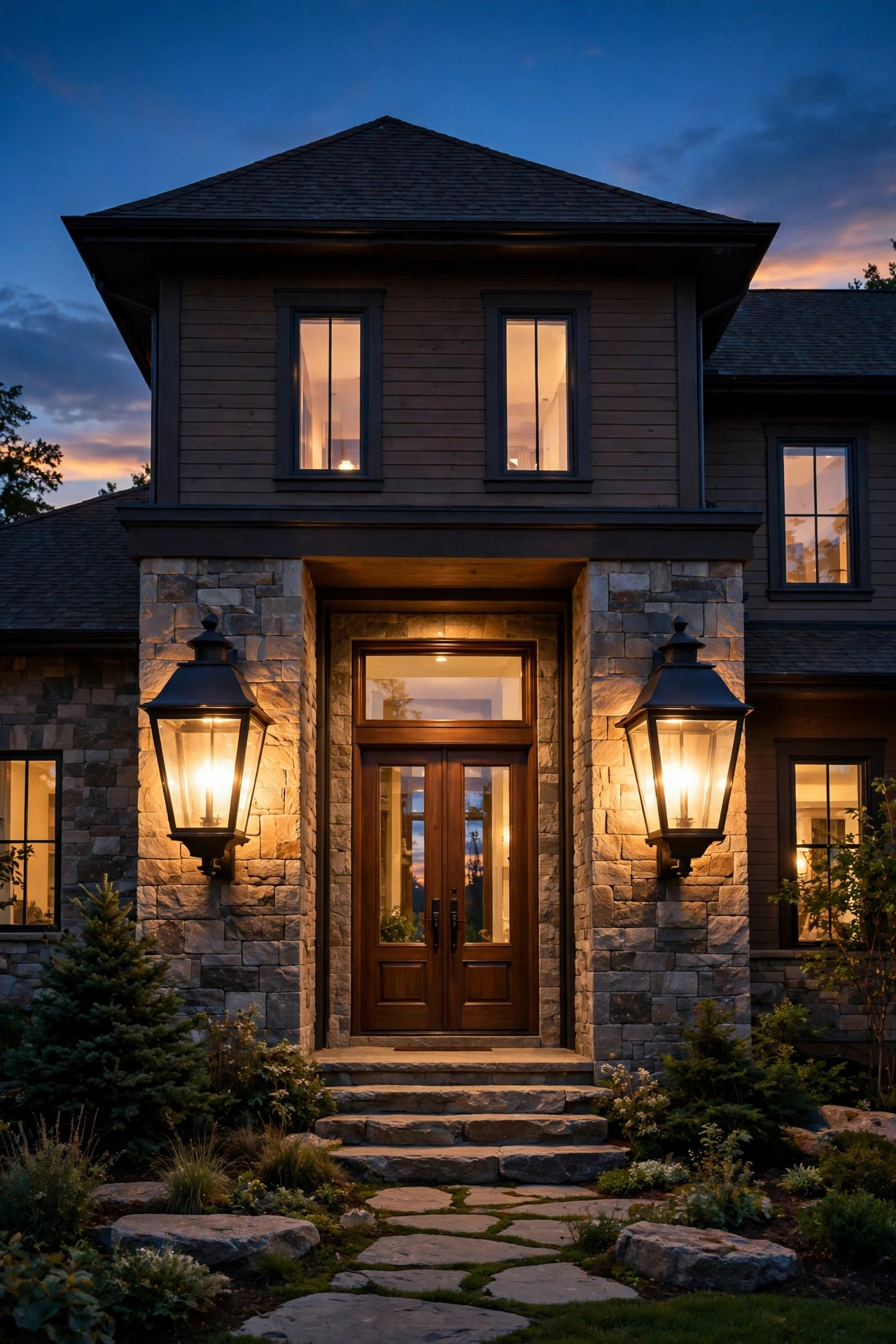 Oversized dusk-to-dawn lantern sconces glowing automatically at sunset beside a tall entry of a two-story home, deep blue evening sky
