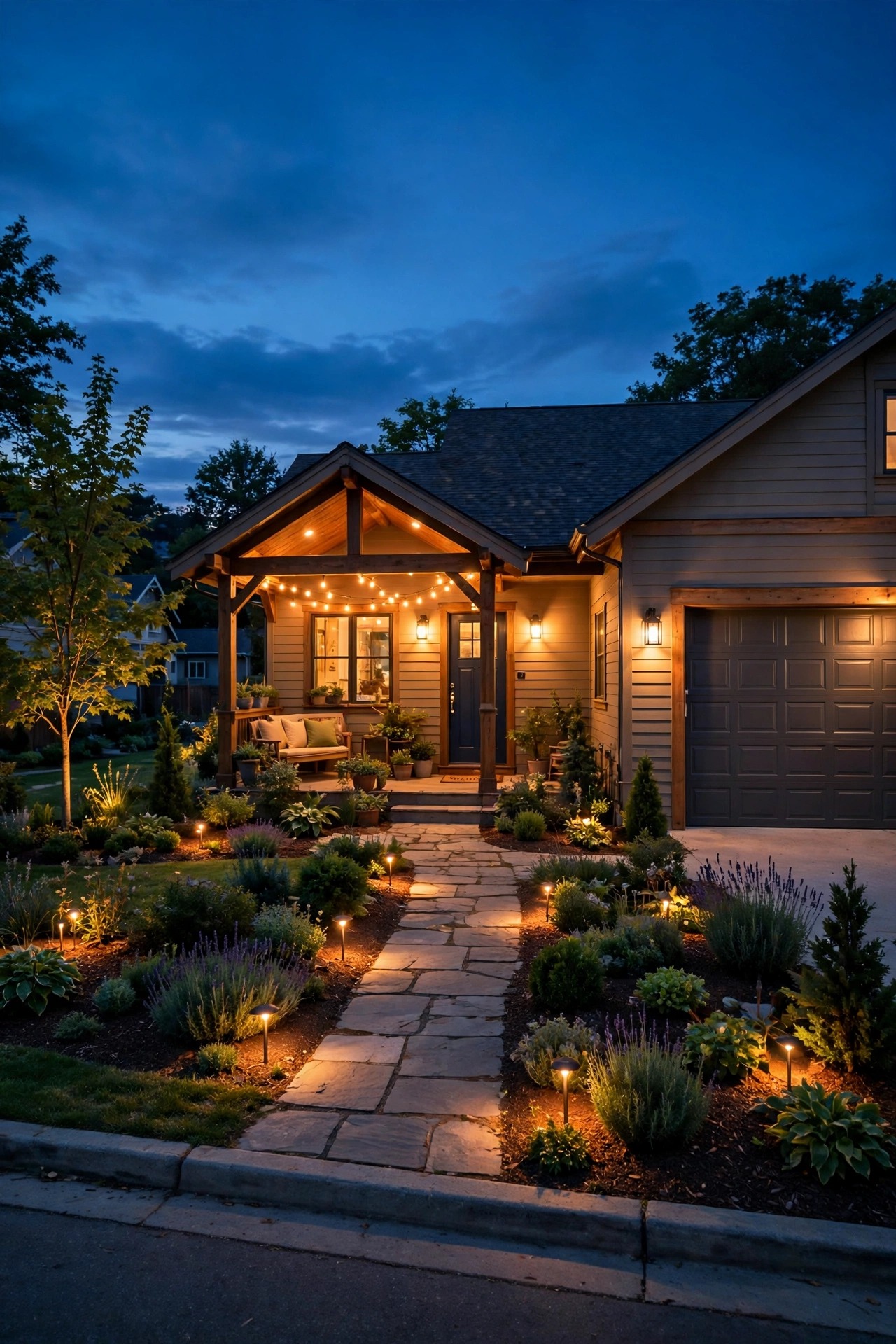 Homeowner view from the street at dusk checking tuned outdoor smart bulb lighting across the whole front yard