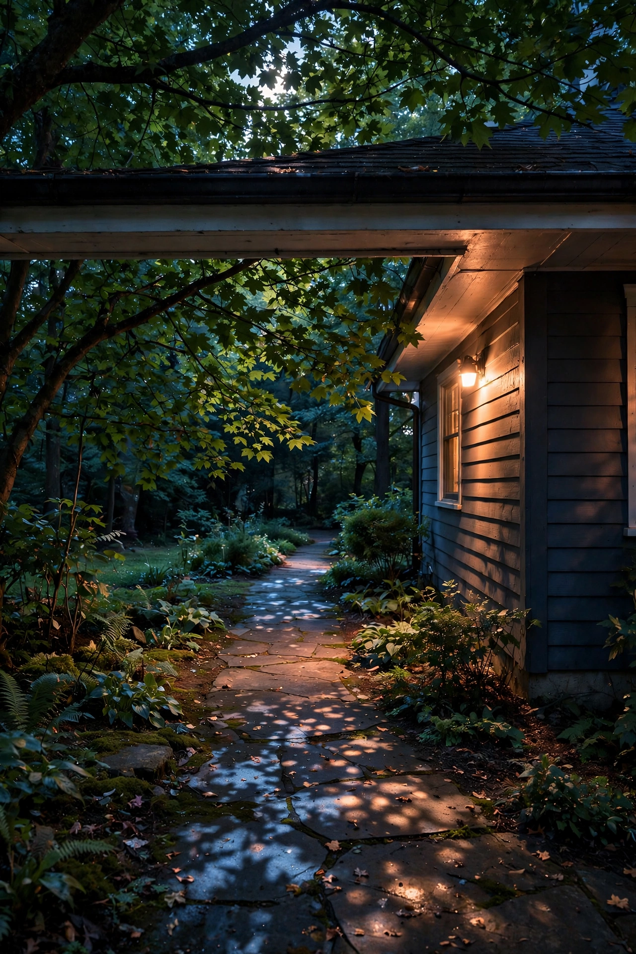 Soft moonlighting downlight filtering through tree branches onto a side yard path at night