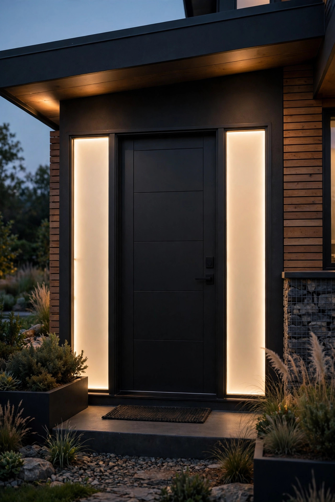 Modern front door with evenly glowing edge-lit frosted panels in place of sidelights