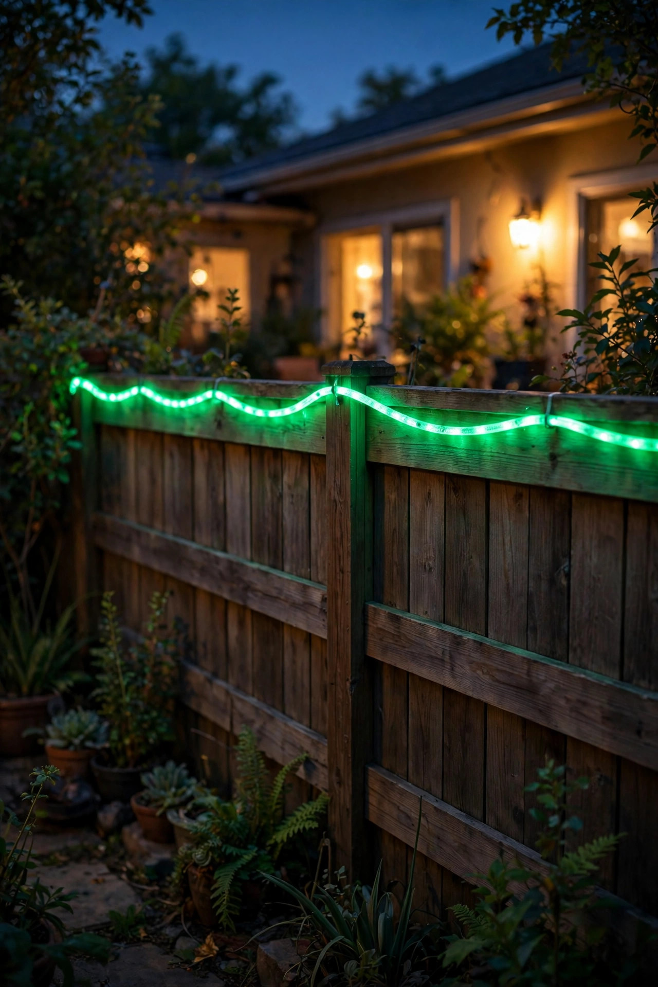 Emerald green LED rope light tracing the top rail of a backyard fence at night