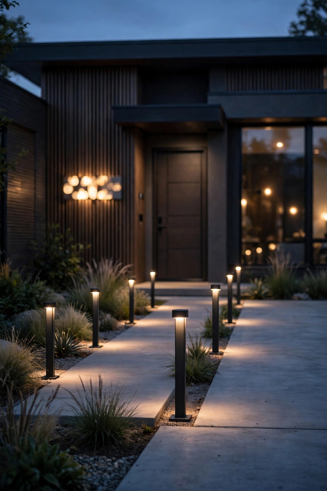 Modern front walk continuing driveway bollard lighting to a front door with a softly lit house number at dusk