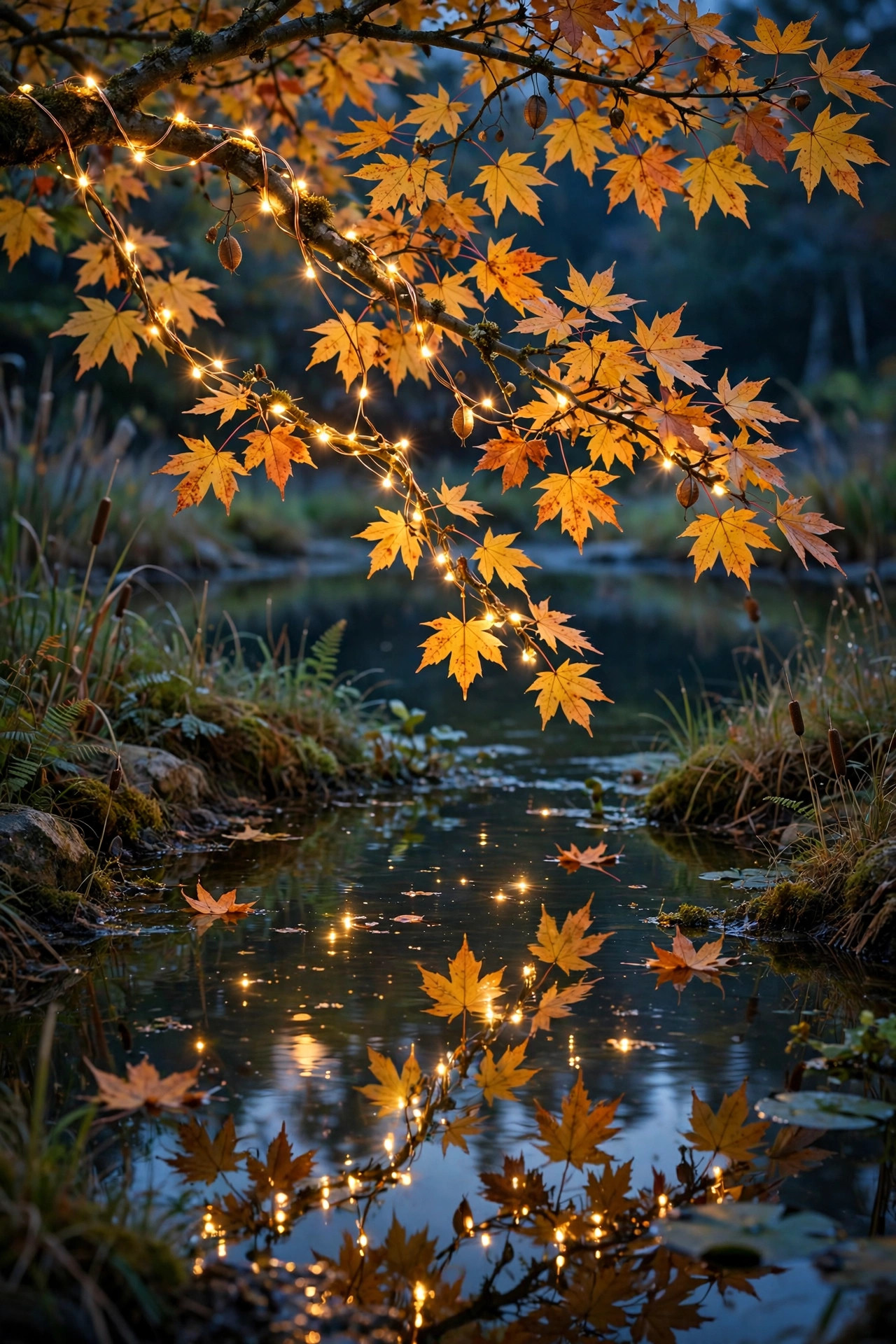Copper-wire fairy lights woven through the overhanging branch of a small maple above a pond, tiny lights reflected in the water