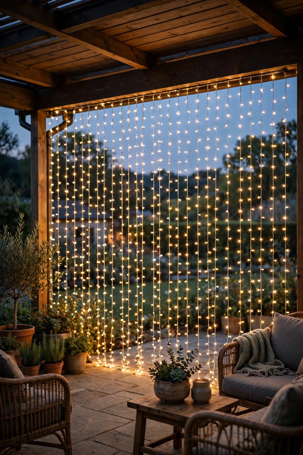 Fairy light curtain glowing across a balcony sliding door behind a cozy chair at dusk