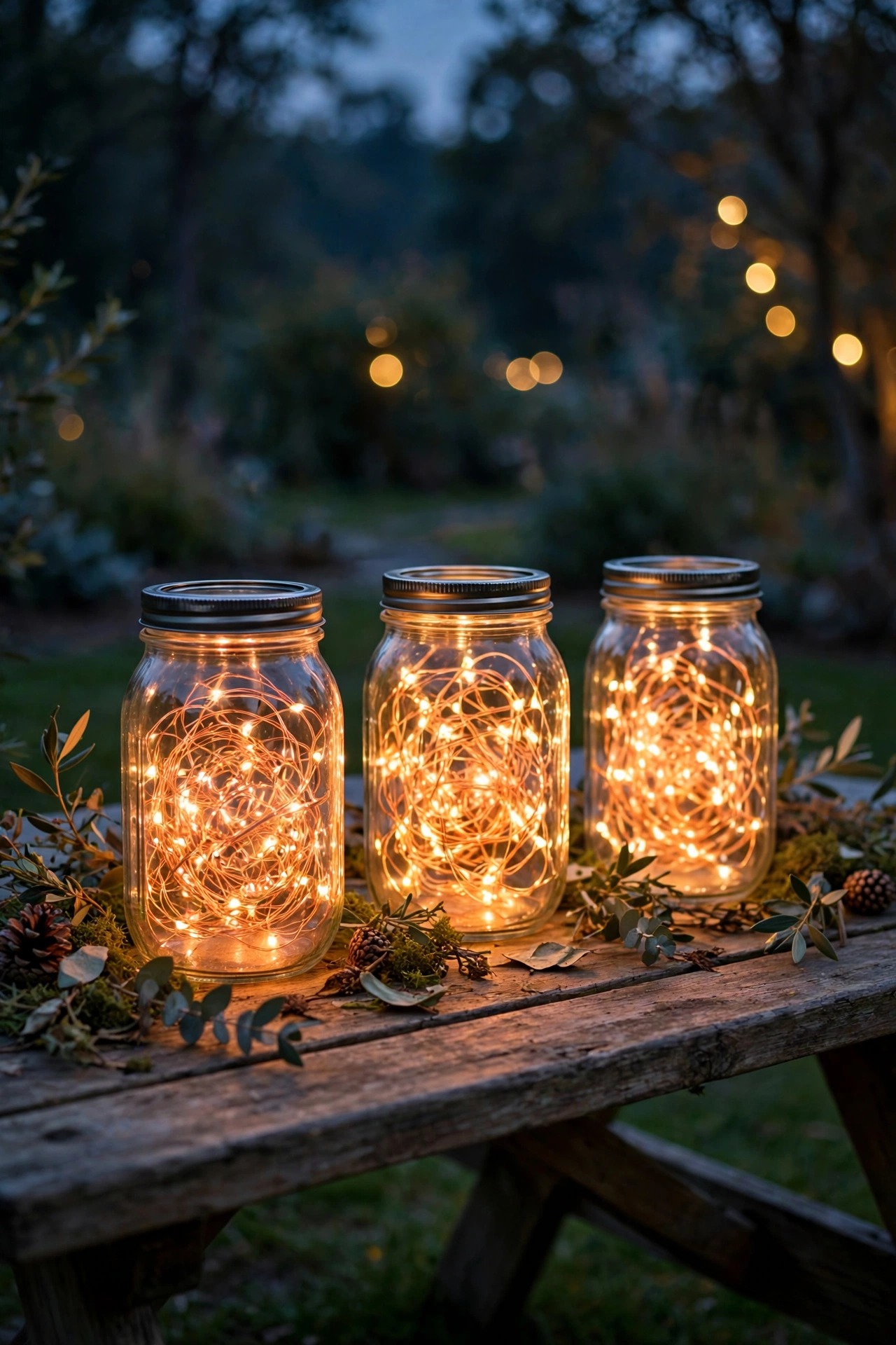 Glass jars filled with copper-wire fairy lights hanging along a wooden privacy fence