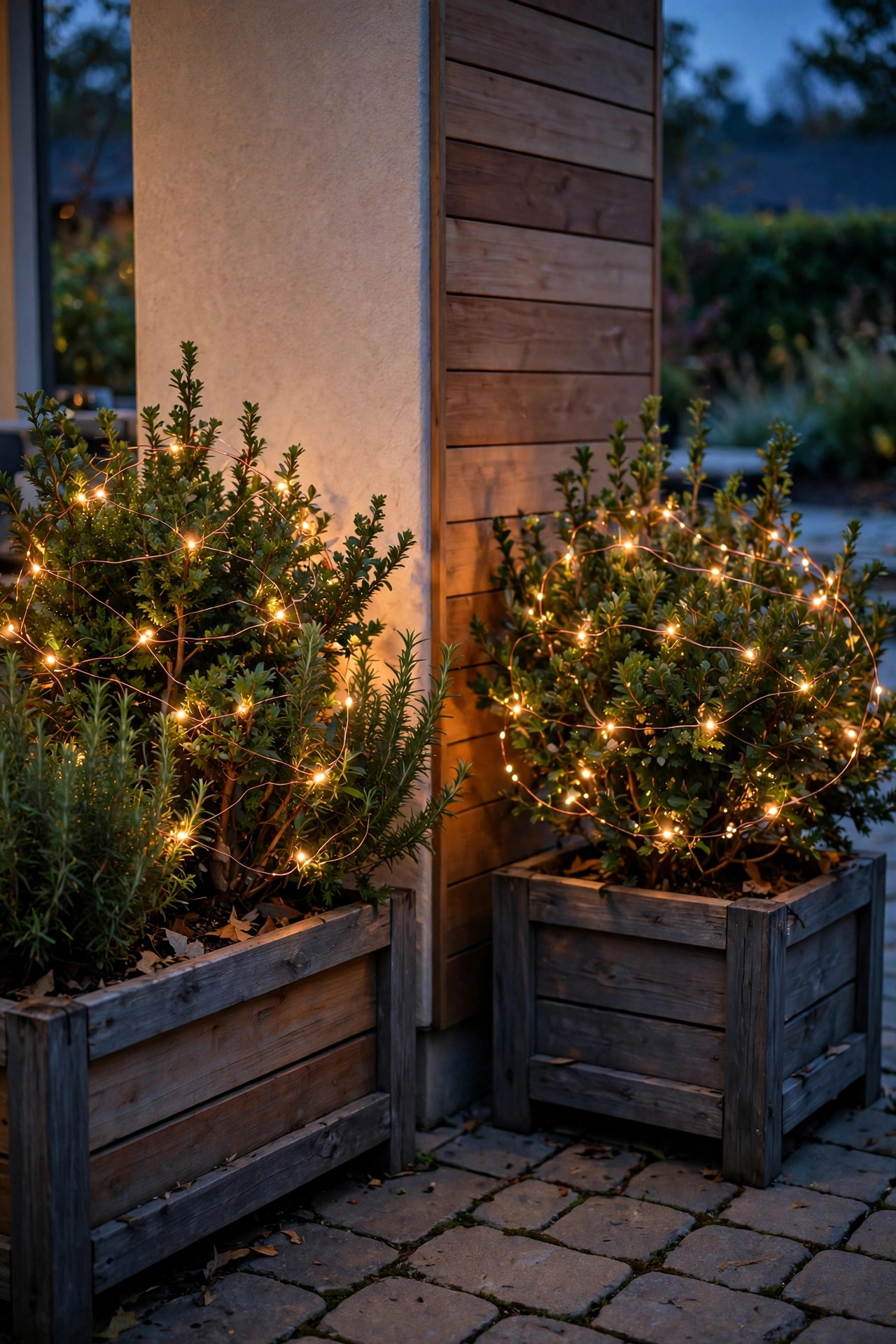Copper-wire fairy lights woven through shrubs in two planters flanking the corner of a patio, twinkling at dusk