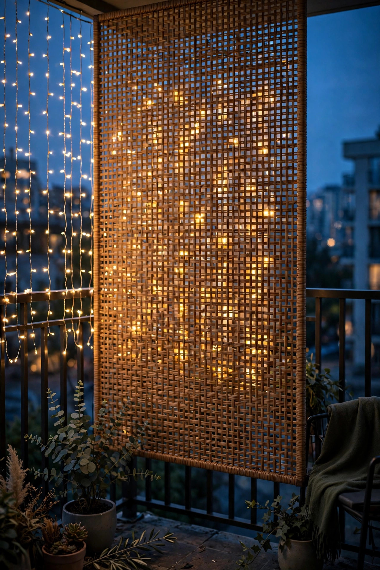 Fairy light curtain glowing through a woven privacy screen on a condo balcony at dusk