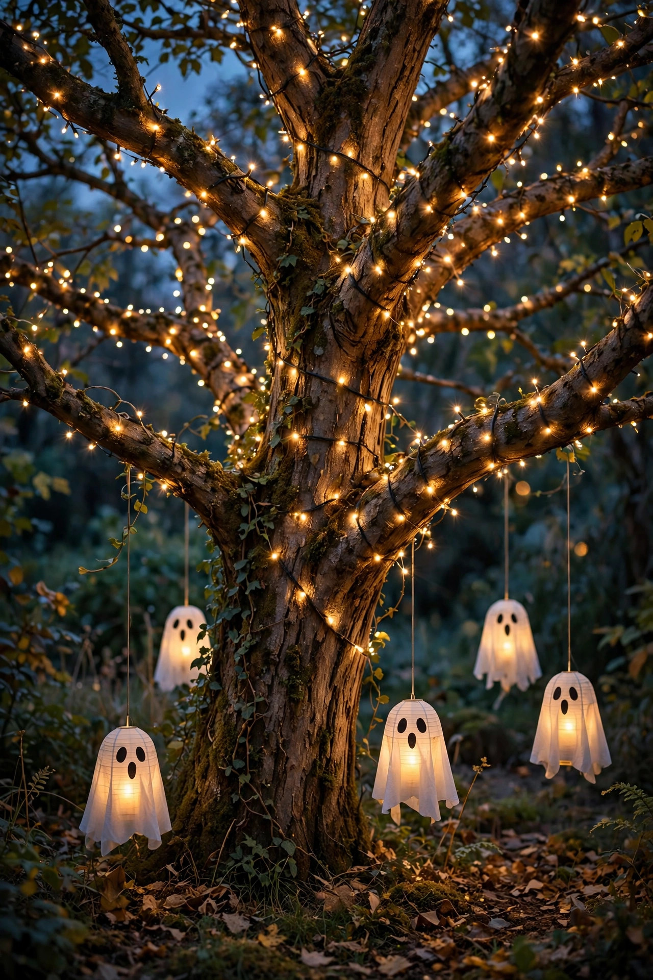 Tree trunk and branches wrapped in twinkling warm fairy lights at dusk with ghost lanterns below