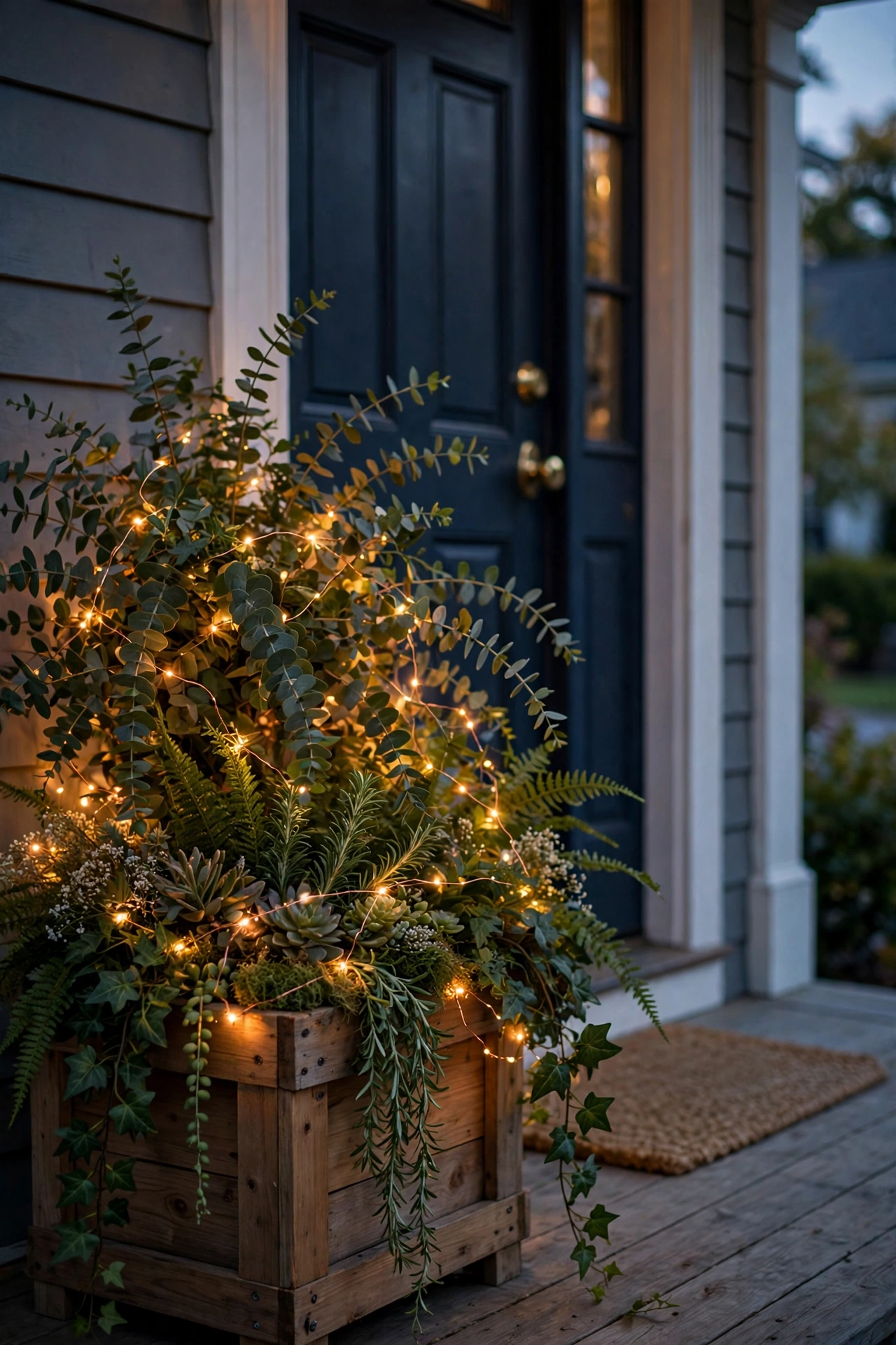 Copper fairy lights woven through greenery in a large porch planter glowing at dusk