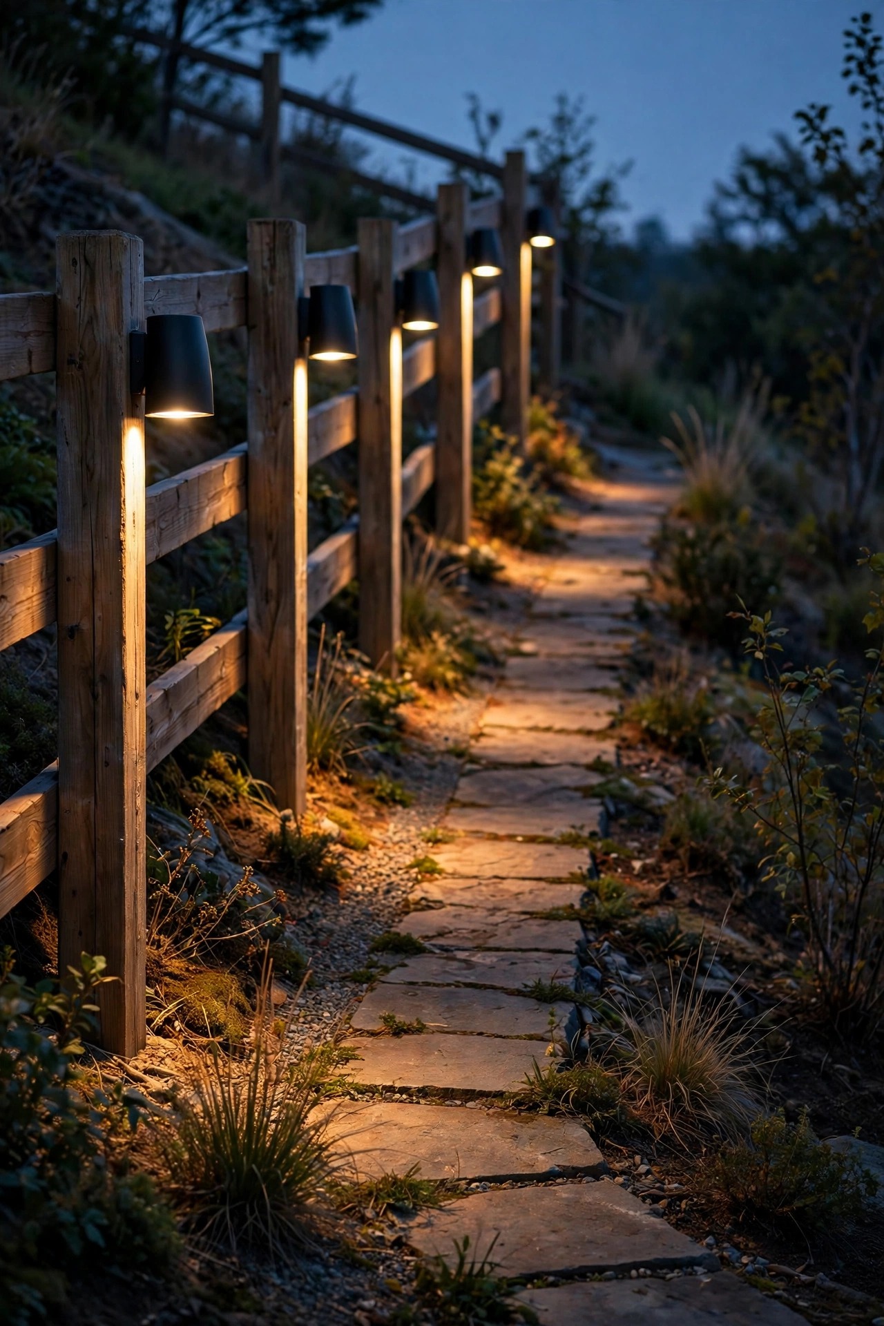 Small hooded downlights mounted on a chain-link fence top rail washing soft warm light down the fence face