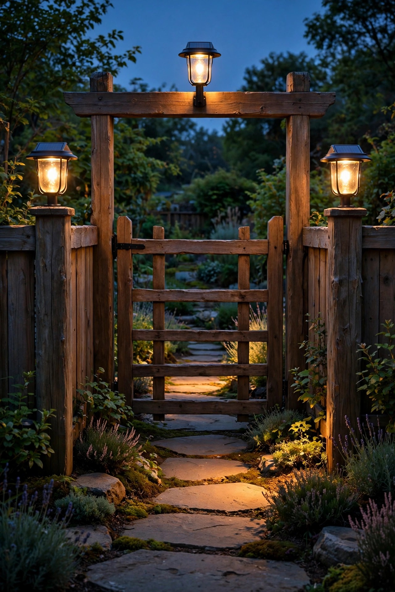 Solar lanterns glowing on a wooden craftsman garden gate and fence posts at dusk, light spilling onto the path inside