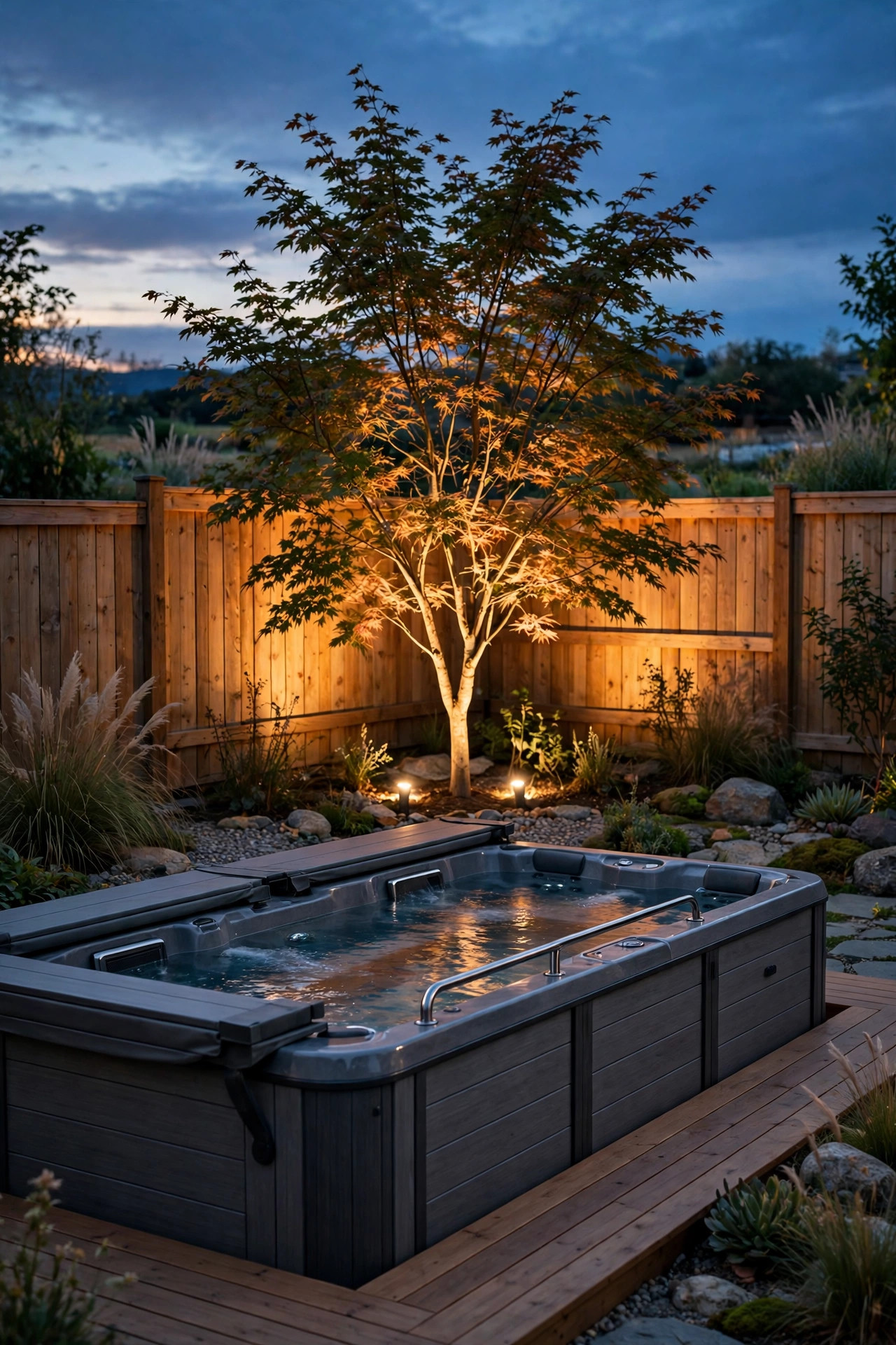 Low-voltage uplight washing a small tree and fence panel behind a swim spa at dusk