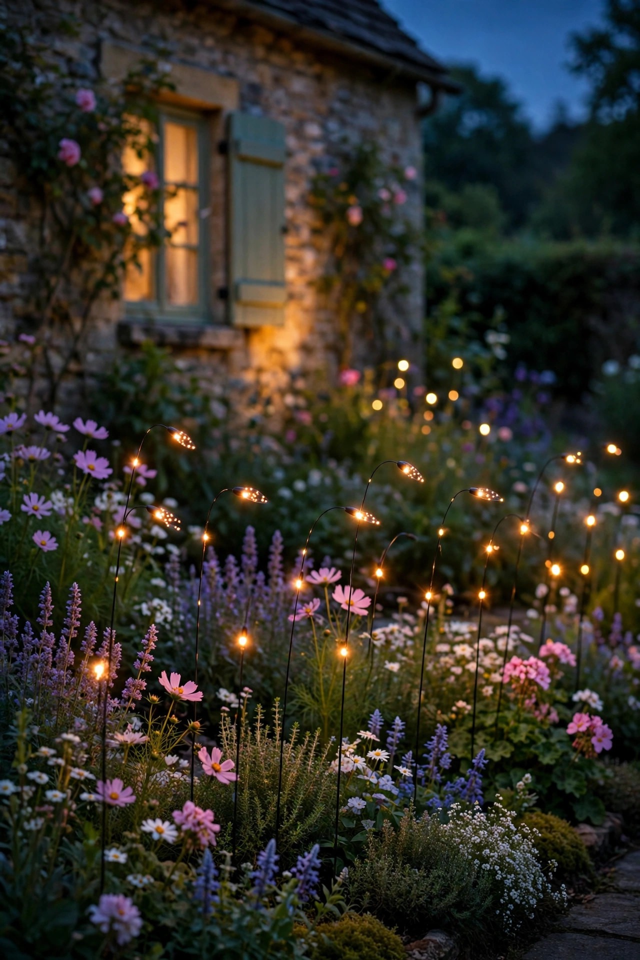Solar firefly stake lights with tiny warm dots swaying above a cottage garden border at dusk