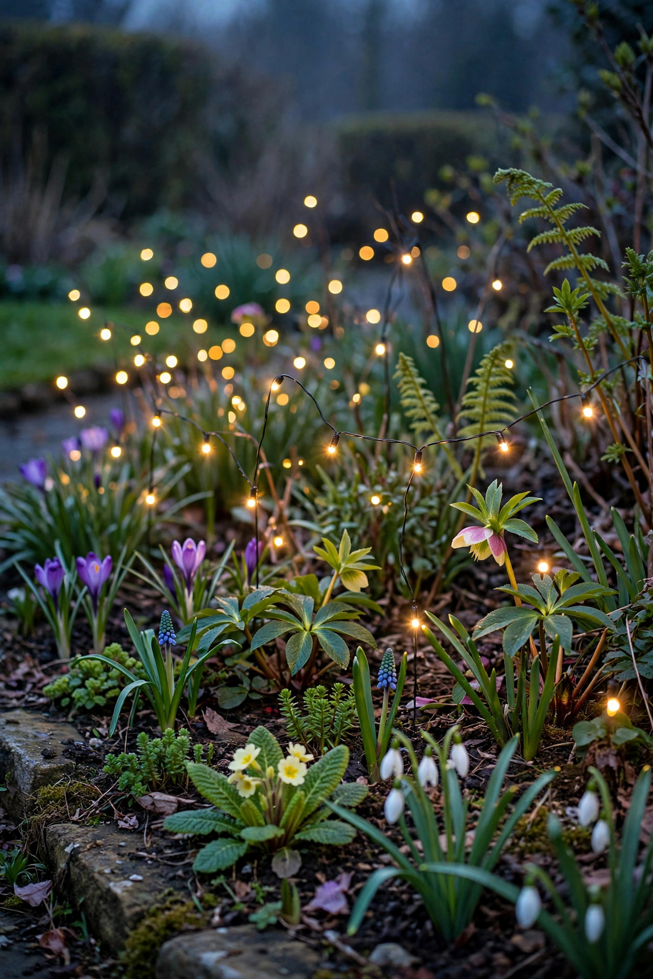 Solar firefly lights with tiny warm glowing points swaying among emerging spring perennials in a border