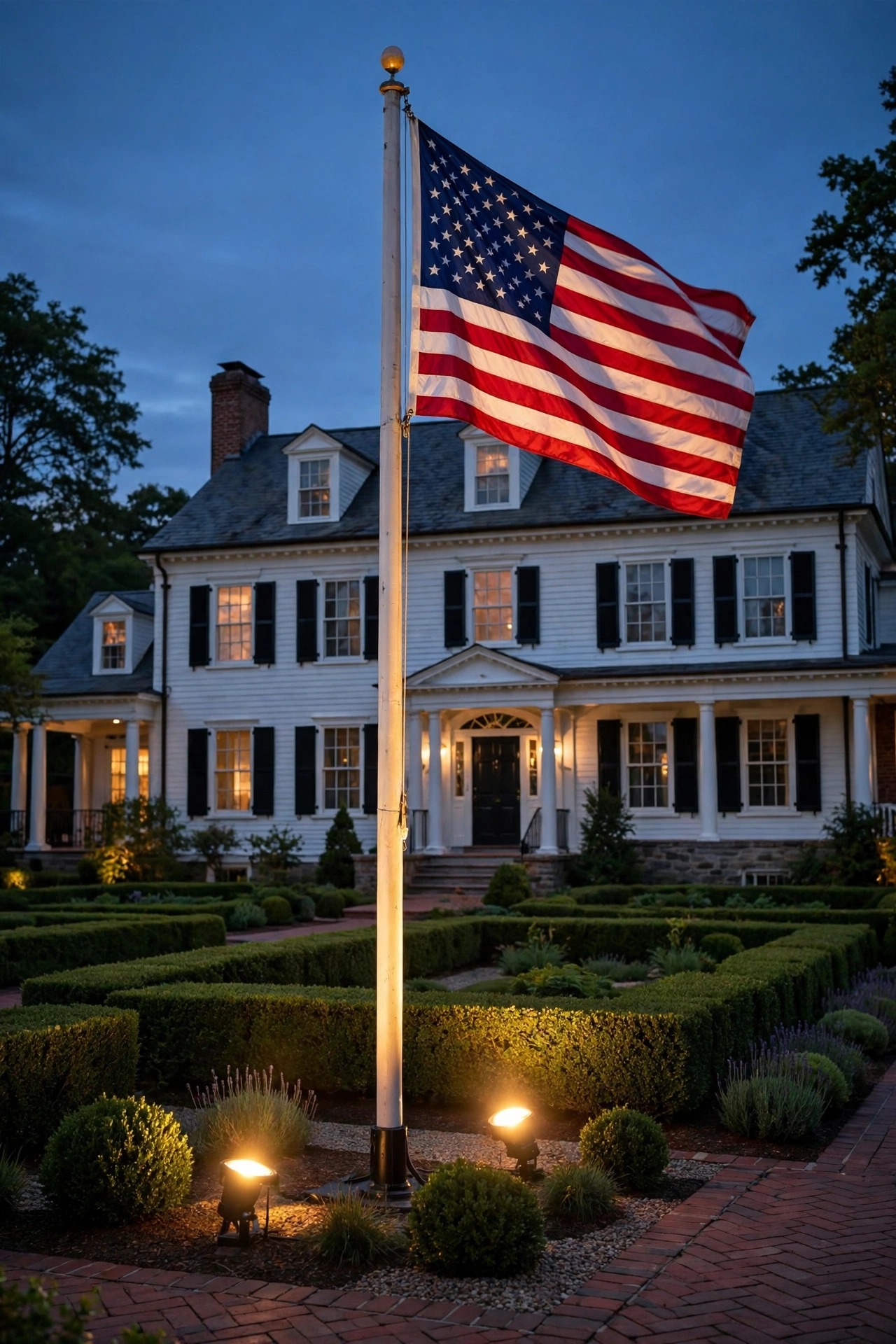 American flag on a tall pole in a formal front garden lit by two ground spotlights at dusk, colonial home behind